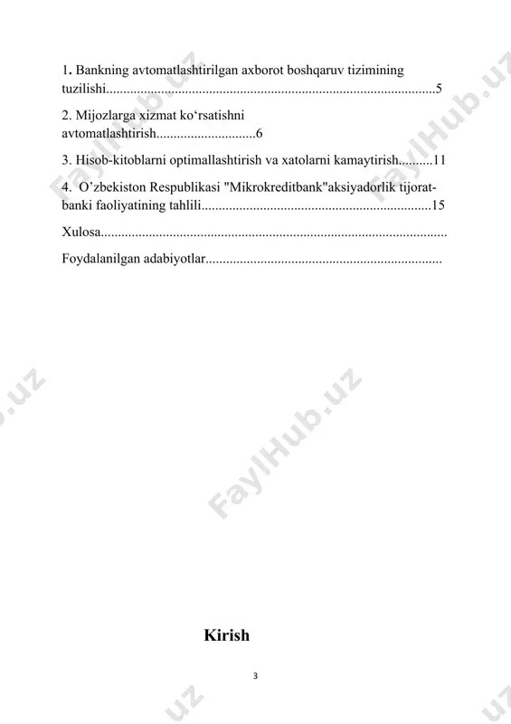 uvchi departamentlarga bo`ysinadilar. masalan, marketing departamenti, valyuta operatsiyalari departamenti va boshqalar. shtablar o`rtasida boshqaruv vazifalarini taqsimlanishi yuqori bosqichda sodir bo`ladi. bunday tashkil qilishda bir tomondan boshqaruv muammolarini ko`p sonli mutaxassislar o`rtasida taqsimlashga, boshqa tomondan xodimlarni ixtisoslashuvini chuqurlashtirishga va shunday qilib boshqaruv sifatini oshirishga imkoniyat paydo bo`ladi. to`g`ri chiziqli shtabli boshqaruv tuzilmasi yanada murakkabroq bo`ladi, bunda depozit, kredit, investitsiya va boshqa operatsiyalarning bajarilishini ta’minlovchi bo`limlar yuridik va jismoniy shaxslarning har hil guruhlariga xizmat ko`rsatuvchi oraliq bosqichdagi boshqaruvga bo`ysinadilar. ularning o`zlari o`zlarining mahalliy maqsadlarini belgilashlari mumkin, ammo bankning global boshqarish maqsadlariga bo`ysinadilar. keyingilarga quyidagilar kirishi mumkin: yo`l qo`yiladigan havfxatarda eng katta foydani olish, shaxsiy likvidlarni oshirish va boshqalar. shuning bilan bir vaqtda bunday tuzilishda bajarilayotgan boshqaruv vazifalarini bir turliligining tamoyili bo`yicha ajratilgan boshqaruv elementlari saqlanib qolishi mumkin. banklarda mijozlarga xizmat ko‘rsatishni avtomatlashtirish mijozlarga xizmat ko‘rsatishni avtomatlashtirish bank faoliyatida zamonaviy texnologiyalardan foydalanib mijozlar uchun qulay, tezkor va yuqori sifatli xizmat ko‘rsatishni ta'minlashni anglatadi. …