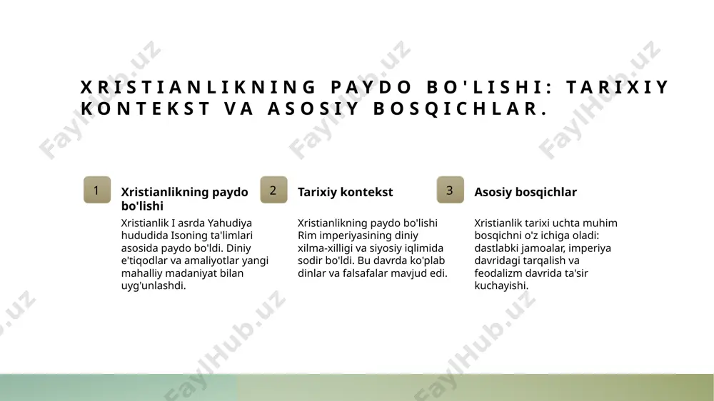 a davrda, milodiy eraning dastlabki xristian jamoalari paydo bo'lgan. 02 rivojlanish jarayoni o'zbekistonda xristianlik rivoji asosan savdo yo'llari orqali amalga oshdi. bu jarayon, turli madaniyatlar va dinlar ta'sirida sodir bo'lgan. 03 zamonaviy ahamiyati bugungi kunda, o'zbekistonda xristianlik, diniy tolerantlik va madaniy xilma-xillikni rivojlantirishda muhim rol o'ynaydi. xristian jamoalari faoliyat ko'rsatmoqda. o'zbekiston madaniyatida xristianlik ta'siri va merosi. 1 xristianlikning tarixi xristianlikning o'zbekistondagi tarixi, iv asrdan boshlab, hududga kirib kelishi va mahalliy aholi orasida tarqalishi bilan boshlanadi. 2 madaniy ta'sir xristianlik, o'zbekistondagi san'at, arxitektura va adabiyotga katta ta'sir ko'rsatdi, bu esa mahalliy madaniyatni boyitishga yordam berdi. 3 diniy xilma-xillik o'zbekistonda xristianlik boshqa dinlar bilan birga yashagan, bu esa diniy xilma-xillik va o'zaro hurmatni rivojlantirgan. 4 zamonaviy ahamiyat bugungi kunda xristianlik o'zbekistonda diniy hayotning muhim qismi bo'lib, tinchlik va hamjihatlikni targ'ib qiladi. o'zbekistondagi xristian dinining zamonaviy ahamiyati. zamonaviy ta'sir o'zbekistonda xristianlik, ko'plab madaniy va dini an'analar bilan birgalikda, zamonaviy hayotda muhim rol o'ynamoqda. …