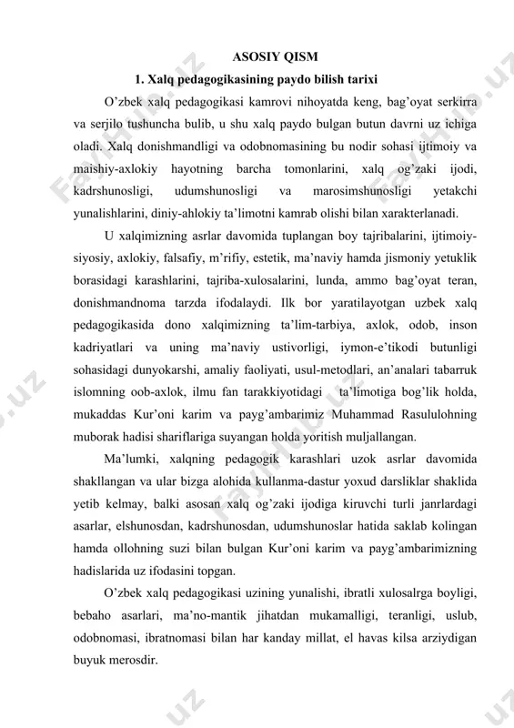 ishda uni kanday sikish kerakligini tushuntirgan. kattalarning maslahatlaridan jismoniy tarbiyada kup foydalangan. ota-onalar, oiladagi kariyalar, ota-bobolarning tajribalari asosida yoshlarga sog’liklarini mustahkamlash, kasalliklardan saklanish va organizmni chiniktirish bolalarning uz xatti-harakatlarining tug’ri yoki notug’riligiga, adolatli yoki adoltsizligiga ishontirishning asosiy usullaridan biri hisoblangan. xalq pedagogikasida iltimos va istak doim birgalikda bulavermagan. kupincha ulardan alohida–alohida foydalangan. ota-onalar aksariyat hollarda uz bolalariga iltimos tarikasida topshiriklar berishgan. o’zbeklar kupincha uz nutklarida sha’ma kilishgan. bolalarni tarbiyalashda undan foydalangan kishilar sha’ma kilish bevosita kursatma berishdan kuchlirok ta’sir etishni bildirganlar. sha’madan uz urnida foydlanish bolada muayyan hissiy kuzg’alishni vujudga keltiradi, uni uzining xulki va xatti-xarakatlarini jiddiy tahlil kilishga majbur etadi hamda kamchiliklarini yukotishda yordam beradi. ota-onalar hamda yoshi ulug’ kishilarning ijobiy namunasi, katta urtoklarning ibrati tarbiyaning asosiy metodlaridan biri bulgan. kattalar bolalarning urtoklari bilan ahil bulib uynashga yer chopish, ekin ekish, hosil yig’ib-terishda hamkishloklariga yordamlashishga, uz suzida turish, mehmon kutish, sabr-tokatli bulish, irodalilikka odatlantirish uchun harakat kilganlar va bunda …
