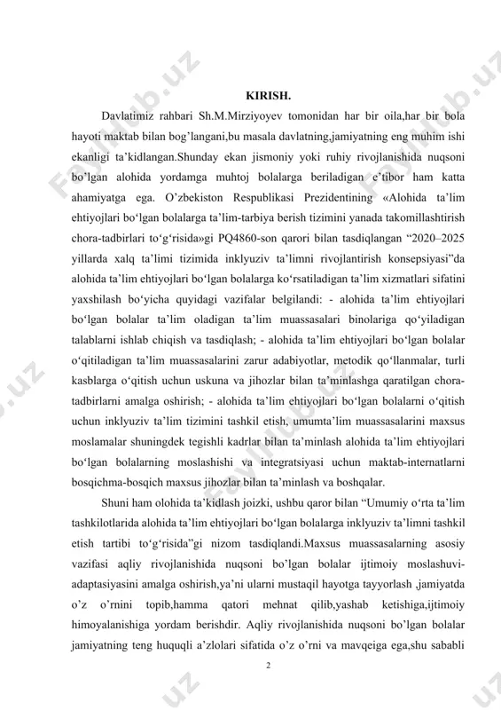 maktab-internatlarni bosqichma-bosqich maxsus jihozlar bilan ta’minlash va boshqalar. shuni ham olohida ta’kidlash joizki, ushbu qaror bilan “umumiy oʻrta ta’lim tashkilotlarida alohida ta’lim ehtiyojlari boʻlgan bolalarga inklyuziv ta’limni tashkil etish tartibi toʻgʻrisida”gi nizom tasdiqlandi.maxsus muassasalarning asosiy vazifasi aqliy rivojlanishida nuqsoni bo’lgan bolalar ijtimoiy moslashuvi-adaptasiyasini amalga oshirish,ya’ni ularni mustaqil hayotga tayyorlash ,jamiyatda o’z o’rnini topib,hamma qatori mehnat qilib,yashab ketishiga,ijtimoiy himoyalanishiga yordam berishdir. aqliy rivojlanishida nuqsoni bo’lgan bolalar jamiyatning teng huquqli a’zlolari sifatida o’z o’rni va mavqeiga ega,shu sababli ular ijtimoiy hayotda sog’lom kishilar orasida uyg’un holda yashashi, mehnat qilishi, davlat qonunlarida belgilangan huquqlaridan foydalana bilishi, tom ma’noda barkamol shaxs, komil inson bo’lib yetishishi uchun o’z ona tilida muloqot qilishni bilishi lozim.zero, millat tajribasi va umuman fan yutuqlari, urf-odat va an’analar til vositasida o’rganiladi, asraladi, avloddan-avlodga meros qilib qoldiriladi. tafakkurning ijtimoiy hodisa sifatida kishilar hayotida, xususan,dunyoni idrok etish va bilishda muhim roli borligi, til bilan chambarchas bog’liqligi isbot talab qilmas haqiqatdir. aqliy rivojlanishida …