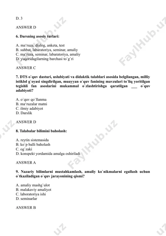 mavzularning asosiy mazmuni qisqa yoritilgan birlamchi yangi bilimlarni olishga qaratilgan foydalaniladigan asosiy va qo`shimcha adabiyotlar ko`rsatilgan, o`z-o`zini nazorat qilishga oid savollar turkumi ... keltirilgan nashrni? a. darslik b. uslubiy adabiyot c. o`quv qo`llanma d. ma‘ruzalar kursi answer d 11. talabalarning mustaqil ish formalari a. darslik. mustaqil ish, seminar b. seminar, labaratoriya, ma‘ruza c. referat, kurs ishi d. labaroriya, ma‘ruza answer c 12. referat ishlari tayyorlash uch xil xususiyatga ega: a. ilmiy ishga yozilgan tanqidiy ; mavzu bo`yicha tadqiqot ishining analitik obzori; bahsning tanqidiy tahlili b. psixologik masalalar yechish: o`quv tadqiqot ishlari, konspekt tuzish c. ishning analitik obzori: psixologik masalalar yechish, bahsning tanqidiy tahlil d. o`quv tadqiqot ishlari; bahoning tanqidiy tahlili; konspekt tuzish answer a 13. psixologik masalalar o`z oldiga ushbu vazifalarni qo`yadi a. ma‘ruza mohiyatini o`zlashtirish darajasini belgilash b. mutaxassis sifatida tayyorgarlik yoki shakllanganlik darajasi c. talabalarning nazariy qonuniyatlar, ichki murakkab bog`lanishlar, psixologik xossalar yuzasidan tushunchasini aniqlash d. yuqoridagilarning barchasi …