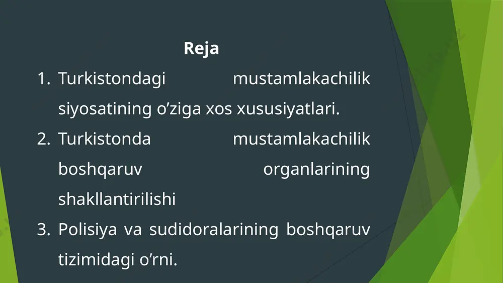 angan bo’lsada, amalda to’laligicha harbiylar qo’lida edi. 1867 yilda harbiy vazir milyutin turkiston o’lkasini boshqarish to’g’risidagi vaqtli nizom loyihasini podsholik vazirlar qo’mitasi taqdim etdi va bu qo’mita tomonidan tasdiqlangan ushbu loyiha qonun sifatida kuchga kiritildi. bunga ko’ra markaziy fuqarolik va harbiy boshqaruv tizimi to’laligicha general gubernator ko’liga topshirildi. u ayni vaqtning o’zida turkiston harbiy okrugi bosh qo’mondoni ham edi. markaziy davlat boshqaruvidan boshqaruvning eng quyi pog’onalarigacha hokimiyat harbiy qo’liga topshirildi. bu boshqaruv tizimi turkiston o’lkasi va aholisini har tomonlama mustamlakachilik sirmog’iga solish bilan mashg’ul bo’ldi va ayrim o’zgarishlar bilan 1917 yilga qadar davom etdi e`tiboringiz uchun rahmat /docprops/thumbnail.jpeg