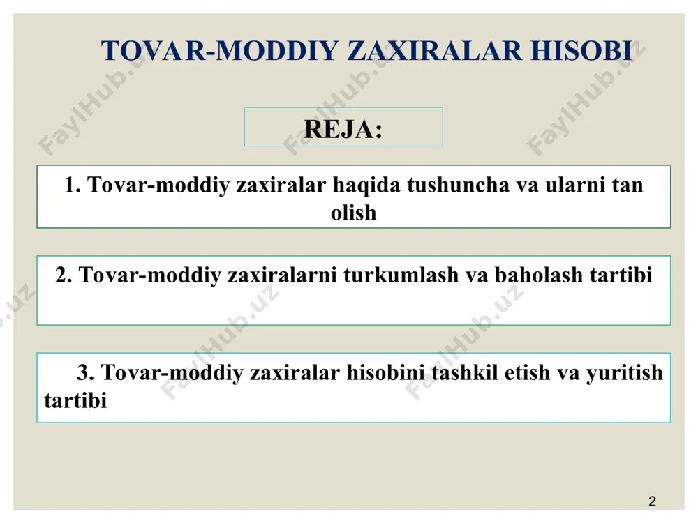 ; - aktiv qiymatini ishonchli baholash mumkin bo‘lsa; - ularga bo‘lgan mulk huquqi o‘tsa. tovar-moddiy zaxiralar quyidagi holatlarda tan olinadi: 2. tovar-moddiy zaxiralarni turkumlash va baholash tartibi tmzlar quyidagilarning eng pasti bo’yicha baholanadi: - haqiqiy tannarxida - sotishning sof qiymatida bhms bo‘ycha tmzlar quyidagilarning eng pasti bo’yicha baholanadi: - haqiqiy tannarxida - sotishning sof qiymatida mxhs bo‘ycha 2. tovar-moddiy zaxiralarni turkumlash va baholash tartibi * uzoq muddatli aktivlar tarkibidan tovar-moddiy zaxiralar tarkibiga o‘tkazilgan aktivlarning tannarxi ushbu uzoq muddatli aktivlarning balans (qoldiq) qiymati bo‘yicha belgilanadi: * tovar-moddiy zaxiralarni hisobga olishning qo‘llaniladigan tartibi tashkilotning hisob siyosatida aks ettiriladi. uzoq muddatli aktivlar tarkibidan tovar-moddiy zaxiralar tarkibiga o‘tkazilgan aktivlarning tannarxi ushbu uzoq muddatli aktivlarning balans (qoldiq) qiymati bo‘yicha belgilanadi. 2. tovar-moddiy zaxiralarni turkumlash va baholash tartibi * tovar-moddiy zaxiralarning ishlab chiqarish tannarxiga ularni ishlab chiqarish bilan bevosita bog‘liq bo‘lgan, ishlab chiqarish texnologiyasi va uni tashkil etuvchi quyidagi xarajatlar kiritiladi: 1) tegishli birlikning identifikasiyalangan tannarxi …