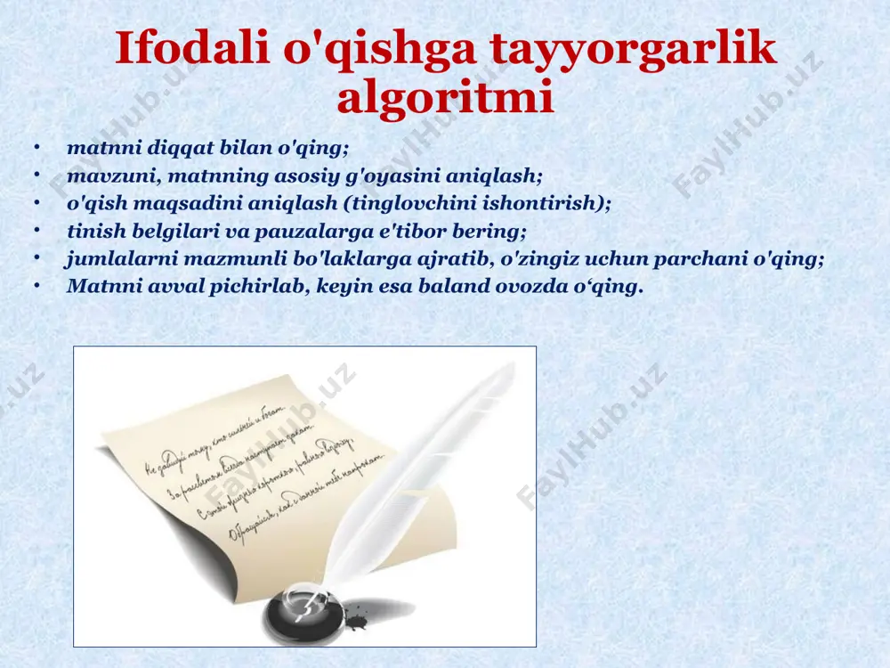 ol so'ziga ko'tarilishi kerak, aks holda ibora so'roq emas, balki tasdiqlaydi. undov belgisi kuchli his-tuyg'ularni ifodalaydi: · quvonch · xursandchilik · hayrat · bayonot · bezovtalik ushbu his-tuyg'ularni etkazishda intonatsiyani oshirish, ohangni oshirish va ovozni ko'tarish kerak (lekin isterik bo'lmasdan) do'stlarim! bizning ittifoqimiz ajoyib! dash. nuqtali vergul dash bu belgi so'zning yo'qligini yoki chiziqdan keyingi ma'lumotlarning qo'shimcha xarakterini almashtiradi. yo'qolgan so'zni tushunish uchun qisqa to'xtash kerak. agar plagin strukturasining ikkala tomonida chiziqcha ko'rsatilgan bo'lsa, unda ovozning tembri ham o'zgartirilishi kerak. o'qish eng yaxshi ta'limdir. nuqtali vergul tarkibiga ko`ra o`xshash mustaqil gaplar orasiga joylashtiriladi. ushbu belgida siz to'xtab, ovozingizni pasaytirishingiz, qisqa pauza qilishingiz va undan keyin yangi jumla sifatida o'qishingiz kerak. daraxtlarning yalang'och, jigarrang shoxlari orasidan harakatsiz osmon tinch oqartiradi;/ uzoqda sariq dalalar ustida yupqa tuman turibdi. iqtibos. qavslar iqtibos ularda tirnoq, to'g'ridan-to'g'ri nutq, turli iboralar, ismlar, matnda ta'kidlashni talab qiladigan va alohida ma'noga ega bo'lgan so'zlar mavjud. matnning qolgan qismiga …