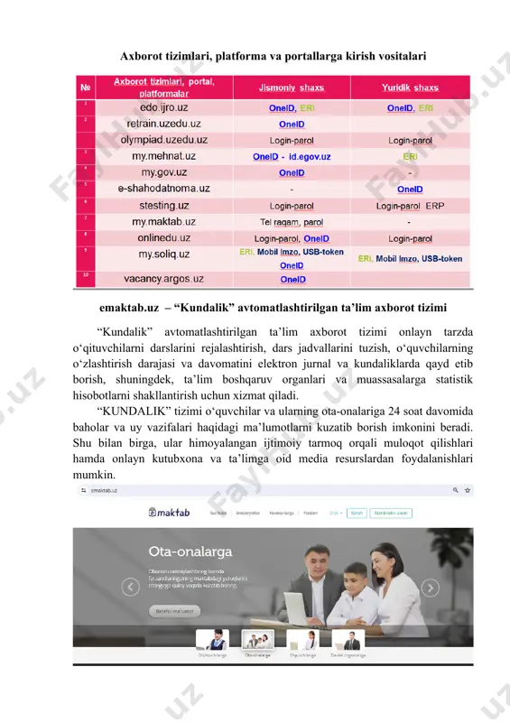 kin. tizimning o‘zlashtirish bandi orqali ushbu ko‘rsatkichni aniqlanash mumkin. o‘quvchilar o‘zlashtirish darajasini kunlik, haftalik, oylik, choraklik, yillik hisobotlarini shakllantirish va tahlil qilish asosida o‘rganib boriladi. o‘quvchilarning kunlik, haftalik, oylik davomatlari maktab, sinflar, va sinf rahbarlari bo‘yicha shakllantiriladi. baholar statistikasidan maktab, sinflar va fanlar bo‘yicha hisobot davri uchun o‘quvchilarning olgan baholari ma’lumotlari hisobotini shakllantiriladi. elektron jurnal va kundaliklarni yuritish statistikasi: maktab, sinflar, o‘qituvchilar bo‘yicha hisobotlar shakllantiriladi. kundalikda faolligi orqali ta’lim ishtirokchilarining tizimdan foydalanishi bo‘yicha hisobotlar shakllantiriladi. shu bilan birga ota-onalarning o‘z farzandlarining kundaligi, uy vazifalarini qachon oxirgi marta ko‘rganligi, va necha marta tizimga kirganligi haqidagi hisobotlar shakllantiriladi. e-shahodatnoma.uz – axborot tizimi erp.maktab.uz - xalq ta’limi tizimini boshqarishning yagona dasturiy majmuasi erp tizimi – xalq ta’limi tizimini boshqarishdagi axborot tizim bo‘lib, o‘qituvchi va o‘quvchilarning baza ma’lumotlarini boshqarish, o‘quv jarayoni hamda maktablar boshqaruvini yo‘lga qo‘yish, umumiy qilib aytganda ta’lim tizimini optimallashtirishdir. erp tizimi nima? erp (enterprise resource planning system). erp so‘zi qisqartmasi inglizcha …