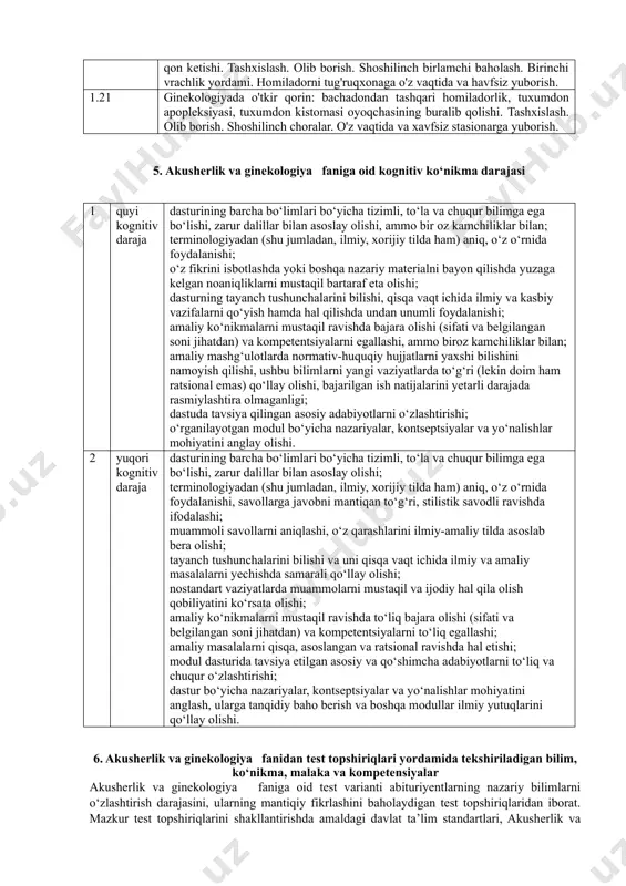 oldini olishda skrining dastur. standart/universal chora-tadbirlari. taktika. 1.9 homiladorlik, tugruk va chilla davrida yuqori harorat. siydik trakti infektsiyalari (tsistit, o'tkir pielonefrit). chilla davri septik kasalliklari. tashxislash. olib borish. 1.10 reproduktiv salomatlik. maslahatlash asoslari. reproduktiv salomatligini saqlash choralari. oilani rejalashtirishda jahon sog'liqni saqlash tashkiloti tamoyillari. zamonaviy kontratsepsiya usullari. 1.11 gormonal kontratsepsiya. aralash va sof progestinli kontratsepsiya. gormonal kontratsepsiyaning ta'sir mexanizmi, samaradorligi, tarqalganligi, ko'rsatma, aralash oral kontratseptivlar va sof progestinli kontratseptivlarni qo'llashdagi ehtiyotkorlik, nojuya ta'sirlarining oldini olish. 1.12 bachadon ichi vositasi. bachadon ichi vositasini kiritish va olib tashlash. 1.13 jinsiy yo'llar orqali yuquvchi infektsiyalar belgilari. to'siq usuli va spermisidlarning ta'sir mexanizmi, turi, afzalliklari va kamchiliklari. to'siq usulini qo'llash texnikasi. 1.14 ixtiyoriy jarrohlik sterilizasiya. tabiiy usullari. laktasion amenoreya usuli. ko'rsatma. qarshi ko'rsatma. afzalliklari va kamchiliklari, havfli holatlar. aholining turli guruhlarida kontratsepsiya usullari: abort, tug'ruqdan keyingi, ko'krak bilan emizuvchilarda va emizmaydiganlarda, o'smirlarda, 35 yoshdan oshganlarda. 1.15 homiladorlikninng erta muddatlarida (22 xaftasigacha) qindan qon ketishi. …