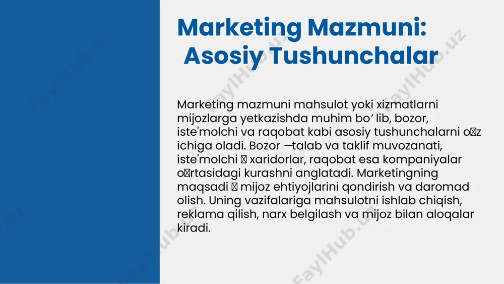 anish maqsadlari: tendentsiyalarni tahlil qilish, raqobatchilarni o'rganish va mijoz ehtiyojlarini aniqlash. bu marketing strategiyasining asosidir va qarorlarni qo'llab-quvvatlaydi. iste'molchilarni jalb qilish maqsadlari: mijozlarni kengaytirish, brendga sadoqatni oshirish va yangi mijozlar jalb qilish. reklama, promouterlar va maxsus takliflar yordamida amalga oshiriladi. sotuvlarni oshirish maqsadlari: savdo hajmini ko'paytirish, jarayonlarni optimallashtirish va narx siyosatini moslashtirish orqali daromadlarni oshirish. maqsadlarni aniqlash jarayoni maqsadlarni aniqlashning bosqichlari: muhimlikni baholash, maqsadlarni aniqlash va prioritetlash, resurslarni taqsimlash, va amaliy reja tuzish. bu bosqichlar marketing strategiyasining muvaffaqiyati uchun asosiydir. smart usuli: maqsadlarni belgilashda keng qo'llaniladigan metod bo'lib, u aniq (specific), o'lchovli (measurable), erishish mumkin (achievable), real (relevant), va vaqtga bog'liq (time-bound) bo'lishi kerakligini ta'kidlaydi. bu usul maqsadlarni aniq va amalga oshiriladigan qilib belgilashga yordam beradi. maqsadlarni belgilashda e'tibor beriladigan omillar: bozor ehtiyojlari, kompaniyaning resurslari va imkoniyatlari, raqobat sharoitlari, va uzoq muddatli rivojlanish strategiyalari. shuningdek, maqsadlar realistik va o'lchovli bo'lishi muhimdir. maqsadlarni aniqlash jarayonida, shuningdek, ularning amalga oshirilishini doimiy nazorat …
