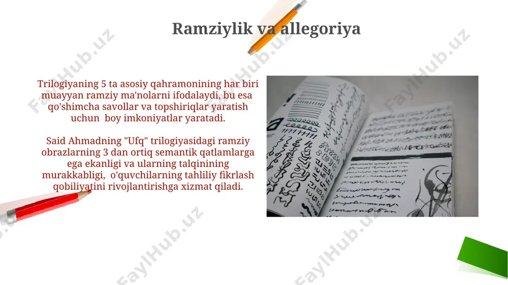 uhim axloqiy dilemma tushunchasini shakllantirishga yordam beradi. romanlardagi voqea joylari va muhiti “ufq” trilogiyasidagi 3 ta asosiy roman voqea joylarining geografik joylashuvi va tarixiy davrlarini o‘rganish, 19-asr oxiri va 20-asr boshlari o‘zbekistonining ijtimoiy-siyosiy muhitini tahlil qilish imkonini beradi. trilogiya bo‘ylab tarqalgan taxminan 50 ta muhim voqea joyi (masalan, masjidlar, bozorlar, maktablar) o‘quvchilarga o‘sha davrning madaniy va ijtimoiy tuzilmalarini tushunishda yordam beradi. trilogiyaning tarixiy konteksti asar ustida 3 yildan ortiq vaqt ishlangan bo'lib, uning 3 qismidan iborat bo'lishi, o'sha davrning ijtimoiy qatlamlarining murakkab munosabatlarini ko'rsatadi. said ahmad "ufq" trilogiyasi 1970-yillarning oxiri va 80-yillarning boshlarida, o'zbekistonning ijtimoiy-siyosiy hayotida keskin o'zgarishlar davrida yozilgan bo'lib, bu davrning ruhiyatini aks ettiradi. asosiy qahramonlar va ularning xarakterlari "ufq" trilogiyasining asosiy qahramonlari 3 ta asosiy xarakter arxetipini – idealist, realist va pessimistni – o‘zida mujassam etadi, ularning har biri turli ijtimoiy muhit va qadriyatlar ta’sirida shakllanadi. roman qahramonlarining psixologik portretlari 20-asrning ikkinchi yarmidagi o‘zbek jamiyatidagi murakkab ijtimoiy-siyosiy …