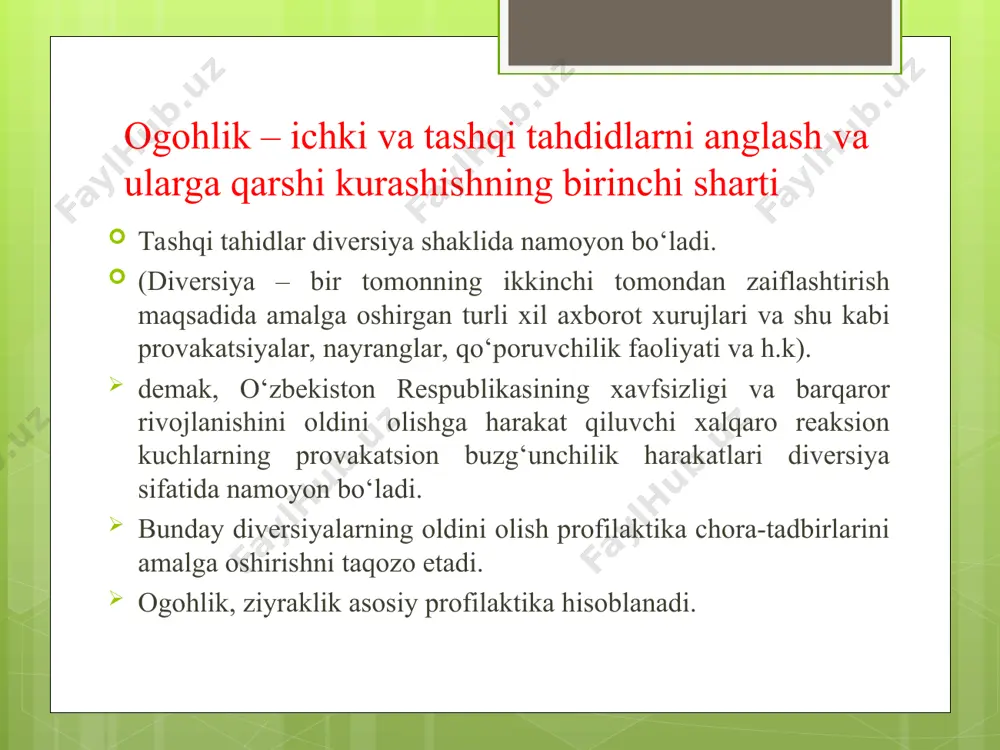 laridan bolalikda olgan tarbiyalariga bog‘liq”. bugungi kunda yon-atrofimizda diniy ekstremizm, terrorizm, giyohvandlik, odam savdosi, noqonuniy migratsiya, “ommaviy madaniyat” degan turli balo- qazolarning tobora kuchayib borayotganligini hisobga oladigan bo‘lsak, bu so‘zlarning chuqur ma’nosi va ahamiyati yanada yaqqol ayon bo‘ladi. shavkat mirziyoyev tinchiliksevar tashqi siyosat – milliy-madaniy konfliktlarni oldini olishning muhim aspekti xususan, 2018-yil 12-dekabrda bmt bosh assambleyasi tomonidan “ma’rifat va diniy bag‘rikenglik” nomli maxsus rezolyusiya qabul qilindi. ushbu rezolyusiyaning asosiy maqsadi — barchaning ta’lim olish huquqini ta’minlashga, savodsizlik va jaholatga barham berishga ko‘maklashishdan iborat. diniy e’tiqod erkinligini mustahkamlash sohasidagi xalqaro norma va talablarni milliy qonunchilikka tatbiq etish maqsadida xalqaro tashkilotlar bilan yaqin hamkorlik yo‘lga qo‘yilgan. xususan, o‘zbekiston respublikasining “vijdon erkinligi va diniy tashkilotlar to‘g‘risida”gi qonunini tayyorlashda inson huquqlari umumjahon deklaratsiyasi, fuqarolik va siyosiy huquqlar to‘g‘risidagi xalqaro pakt normalari, bmt inson huquqlari bo‘yicha qo‘mitasining fikrlari diqqat bilan o‘rganildi va hisobga olindi. qonun ekspertizasini o‘tkazishda bmt va uning tuzilmalari, yevropa kengashining venesiya komissiyasi, …