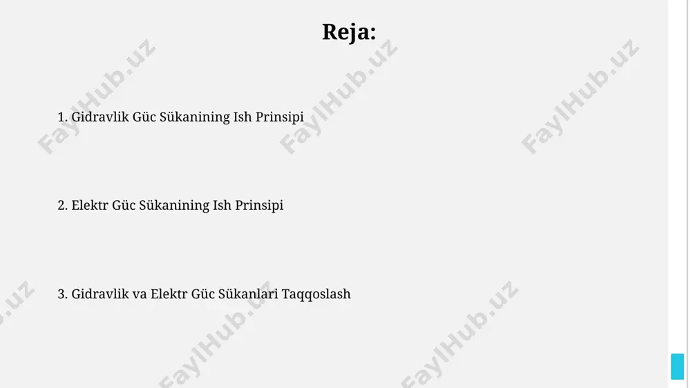 (eps) gidravlik tizimlarga qaraganda ancha yuqori samaradorlikka ega bo'lib, 80% gacha energiya tejashga yordam beradi va shuning uchun yaponiya kabi mamlakatlarda keng qo'llaniladi. gidravlik va elektr boshqaruv tizimlarining taqqoslanishi gidravlik tizimlar 1950-yillardan beri avtomobillarda qo'llanilib kelinmoqda, elektr tizimlar esa 1980-yillarning oxirlaridan boshlab keng tarqala boshladi, bu esa texnologiyalarning rivojlanishi va energiya samaradorligini oshirishga bo'lgan talabni aks ettiradi. gidravlik tizimlar yuqori tezliklarda yaxshi javob beradi, lekin past tezliklarda, masalan, 5 km/soat dan past tezliklarda, elektr tizimlar ancha yengil va qulayroq boshqaruvni ta'minlaydi, bu esa shahar sharoitida afzallik beradi. kelajakdagi tendentsiyalar avtomobil ishlab chiqaruvchilari energiya samaradorligini oshirish uchun 48v elektr tizimlarini qo'llashni ko'paytirmoqda, bu esa elektr kuchaytirgichli rul boshqaruv tizimlarining rivojlanishiga va yaponiya kabi mamlakatlarda keng qo'llanilishiga olib keladi. xitoy kabi rivojlanayotgan mamlakatlarda arzon va ishonchli elektr kuchaytirgichli rul boshqaruv tizimlariga bo'lgan talabning o'sishi, bu sohada innovatsiyalarni va yangi texnologiyalarni ishlab chiqarishni tezlashtiradi. gidravlik boshqaruv tizimining afzalliklari va kamchiliklari gidravlik nasosining ishlashi …