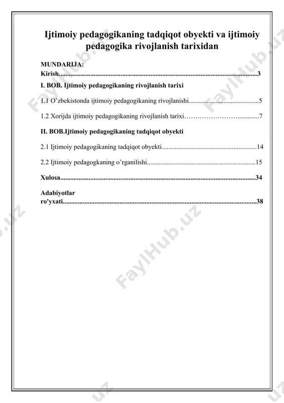 ari surishgan va buni tadbiq etishgan. bu, avvalambor, ular ta'limning maqsadini xayotga tayyorlash, axloqiy me'yor va qoidalar, kasbiy malakalar va chuqur bilimlarga ega bo'lishda, deb bilganliklarida namoyon bo’lgan. kurs ishining dolzarbligi: ijtimoiy pedagogika–garchi u avvaldan yurtimizda pedagogik bilim sohasi va fan sifatida mavjud bo’lgan bo’lsa ham, o’zbekiston uchun yangi xodisa va tushunchadir. uning mustaqil fanga aylanganligi va amaliy tajribalari tizimlashtirilmaganligining sabablari o’zbekiston tarixiy rivojlanishining murakkabliklari va qarama-qarshiliklari bilan izohlanadi. ijtimoiy pedagogikaga salbiy ta’sir ko’rsatgan hodisalarga xx asrning 30 yillarida boshlangan ijtimoiy tarbiyaning diskreditatsiyalashuvi milliy olimlar va pedagoglarni xorij tajribasi va chet ellik hamkasblaridan ajratgan “temir parda”ning tushirilishi, umuminsoniy qadriyatlarni sinfiy qadriyatlarga almashtirilishi, ijtimoiy muammolar haqida jim turish siyosati, rahmdillik, mehr-muruvvat an’analarining yo’q qilinishi kiradi. yurtimizning iqtisodiy, siyosiy, ma'naviy, ijtimoiy hayotida islohotlar izchil amalga oshirilmoqda.shuning uchun ham bugungi kunda ijtimoiy pedagogikani o’rgamish dolzarvlik kasb etmoqda deb hisoblayman. kurs ishining obyekti: ijtimoiy pedagogikaning tadqiqot obyekti va ijtimoiy pedagogika rivojlanish tarixi. kurs ishining …