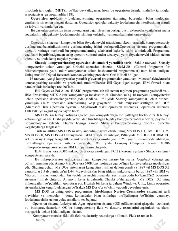 arayoning quyidagi ta’riflari bo’yicha amalga oshiriladi: xotirani boshqarish (o’natilayotgan kenglikning eng katta hajmi, xotiraning turlari, xotiradan foydalanishning texnik ko’rsatkichlari); operatsion tizim tarkibidagi yordamchi dasturlar (utilit)ning vazifaviy imkoniyatlari; disk kompressiyasining mavjudligi; fayllarni arxivga joylashtirish imkoniyatlari; ishning ko’p vazifasi tartibini to’xtatib turish; tarmoqli dasturiy ta’minotni to’xtatib turish; sifatli hujjatlarning mavjudligi; instollyatsiya jarayoning sharoitlari va murakkabligi. tarmoqli operatsion tizimlar - tarmoqqa ma’lumotlarni ishlab chiqish, uzatish va saqlashni ta’minlovchi dasturlar majmuasidir. tarmoqli tizimlarning har xil turlari (fayllarni boshqarish)ni taqdim etadi abonent tizimlarida ishlashni qo’llabquvvatlaydi. tarmoqli operatsion tizimlar mijoz-server arxitekturasi va bir rangli arxitekturadan foydalanadi. oldin tarmoqli operatsion tizimlar faqat mahalliy hisoblash tarmoqlari (mht)ni qo’llab quvvatlaganlar, hozir bu operatsion tizimlar mahalliy tarmoqlar assotsiatsiyasiga tarqatiladilar [18]. operatsion qobiqlar - foydalanuvchining operatsion tizimning buyruqlari bilan muloqatni engilashtirish uchun maxsus dasturlar. operatsion qobiqlar yakuniy foydalanuvchi interfeysining matnli va jadvalli variantlariga ega. bu dasturlar operatsion tizim buyruqlarini bajarish uchun boshqaruvchi axborotlar vazifalarini ancha soddalashtiradi, yakuniy foydalanuvchi ishining keskinligi va …