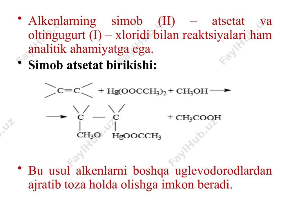oʼlib hisoblanadi: аlkenlarni kislotali katalizatorlar ishtirokida gidratasiyalash reaktsiyasi spirtlarning hosil boʼlishiga olib keladi: tarmoqlangan alkanlarni alkenlar bilan alkillash natijasida yuqori oktanli motor yoqilgʼisi hosil boʼladi: monotsiklik arenlarni alkenlar bilan alkillab alkilbenzollar olinadi: аlkilbenzollar asosiy organik sintez sanoatining muhim xom ashyosi boʼlib hisoblanadi. yuqori alkenlarga sulьfat kislotaning birikishidan (sulfollash) sulfat kislotaning nordon efirlari boʼlgan alkilsulfatlar hosil boʼladi, ular esa sintetik yuvuvchi vositalar olish uchun qoʼllaniladi: аlkenlarni uglerod (ii) – oksid va vodorod bilan kobaltli katalizator ishtirokida (oksosintez) oʼzaro taʼsir reaktsiyasi aldegidlarni ishlab chiqarishda katta ahamiyatga ega: keyinchalik aldegidlar qaytarilsa tegishli birlamchi spirtlar hosil boʼladi. image1.png image2.png image3.png image4.png image5.png image6.png image7.png image8.png image9.png image10.png image11.png image12.png image13.png image14.png image15.png image16.png image17.png image18.png image19.png image20.png image21.png image22.png image23.png image24.png image25.png image26.png /docprops/thumbnail.jpeg