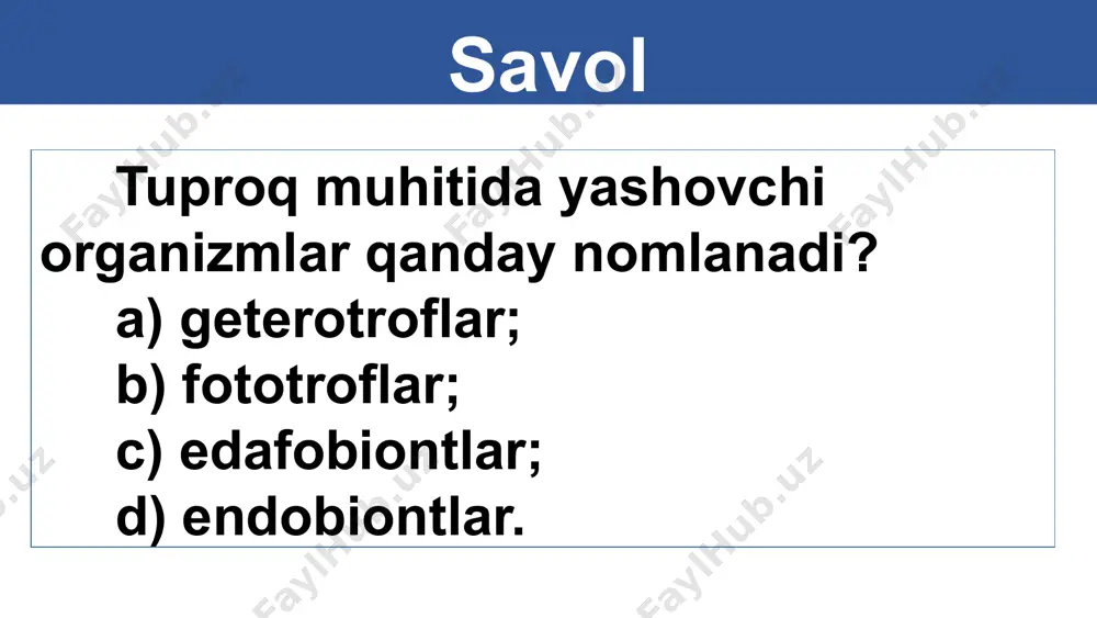 ar: a) tirnoqlar; b) kuraksi- mon oyoqlar; d) gidrostatik skelet 15 moslanishlar tirnoqlar kuraksimon oyoqlar gidrostatik skelet ko‘poyoqlar krot yomg‘ir chuvalchangi hasharot lichinkalari buzoqbosh 16 3- topshiriq parazit organizmlarning qaysi guruhga mansubligini aniqlang? gurular: 1.parazit o‘simliklar. 2.parazit hayvonlar. vakillari: a) zarpechak; b) qilbosh; d) solityor e) devpechak; f) raffleziya; g) askarida; h) rishta; i) plazmodiy. parazit o‘simliklar parazit hayvonlar zarpechak qilbosh devpechak solityor raffleziya askarida rishta plazmodiy 4-topshiriq jadvalni to‘ldiring. berilgan hayvonlarning yashash muhitlarini aniqlang. hayvonlar quruqlik muhiti suv muhiti tuproq muhiti tirik organizm tanasi manta + qizilto‘sh + tillarang yerqazar + rishta + hayvonlar quruqlik muhiti suv muhiti tuproq muhiti tirik orga- nizm tanasi omar + aureliya + dizenteriya amyobasi + suqsun + nerida + lavlagi nematodasi + o‘simliklarning quruqlik muhitiga moslanishi 1.1.spora, urug‘ va mevalarning tarqalishini ta`minlaydigan moslanishlar; 2.shamol yordamida changlanishni ta`minlay- digan moslanishlar. 22 o‘simliklarning quruqlik muhitiga moslanishlari . 1.tayanch vazifa baja- ruvchi mexanik to‘qima- ning mavjudligi; …