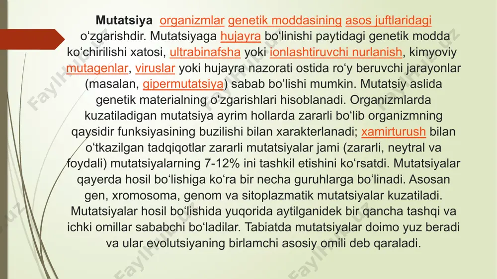 ariyat qismi organizmning jismoniy holatiga sezilarli ta'sir ko'rsatmaydi deb ishoniladi. shuningdek, dnkni tiklash mexanizmlari doimiy mutatsiyalarga aylanishidan oldin aksariyat o'zgarishlarni bartaraf etishga qodir va ko'plab organizmlarda aksincha doimiy mutatsiyaga uchraganlarni yo'q qilish mexanizmlari mavjud. somatik hujayralar. foydali mutatsiyalar reproduktiv muvaffaqiyatni yaxshilashi mumkin mutatsiyalarning to'rtta klassi (1) o'z-o'zidan paydo bo'ladigan mutatsiyalar (molekulyar parchalanish), (2) xatolarga asoslangan replikatsiya bypassidan kelib chiqadigan mutatsiyalar. tabiiy ravishda dnkning shikastlanishi (xatoga moyil translesion sintez deb ham ataladi), (3) dnkni tiklash paytida paydo bo'lgan xatolar va (4) kelib chiqadigan mutatsiyalar mutagenlar. olimlar ham ataylab tanishtirishi mumkin mutant ilmiy eksperimentlar uchun dnk manipulyatsiyasi orqali ketma-ketliklar. 2017 yilgi bir tadqiqot saraton kasalligini keltirib chiqaradigan mutatsiyalarning 66% tasodifiy, 29% atrof-muhit (o'rganilgan aholi 69 mamlakatni qamrab olgan) va 5% meros bo'lib qolgan deb da'vo qilmoqda. odamlar o'z farzandlariga o'rtacha 60 ta yangi mutatsiyani o'tkazadilar, ammo otalar har yili bolaga ikkita yangi mutatsiya qo'shib borishi bilan ularning yoshiga qarab ko'proq mutatsiyalar o'tkazadilar. …