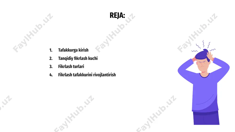 shni o'z ichiga oladi. u katta rasmga e'tibor qaratadi va vazifalarni samarali tarzda ustuvorlashtirishni o'z ichiga oladi. fikrlash tafakkurini rivojlantirish fikrlash tafakkurini rivojlantirish yangi g'oyalar va istiqbollarga ochiq bo'lishni o'z ichiga oladi. bu qiziqish va fikrlashning turli usullarini o'rganishga tayyorlikni talab qiladi. fikrlash tafakkurini rivojlantirish orqali odamlar muammolarni hal qilish va qaror qabul qilish qobiliyatlarini oshirishlari mumkin. bu muammolarga ijodiy va innovatsion echimlar berishga imkon beradi. fikrlash tarzi odamlarga vaziyatlarga tanqidiy, ammo konstruktiv nuqtai nazar bilan yondashish imkonini beradi. bu shaxsiy va professional faoliyatda uzluksiz o'rganish va o'sishni rag'batlantiradi. hissiyotlarning fikrlashdagi roli hissiyotlar qaror qabul qilish jarayoniga va vaziyatlarni idrok etishimizga ta'sir qilib, fikrlashda hal qiluvchi rol o'ynaydi. ular bizning tanqidiy va oqilona fikrlash qobiliyatimizni kuchaytirishi yoki to'sqinlik qilishi mumkin. quvonch va hayajon kabi ijobiy his-tuyg'ular ijodkorlik va ochiq fikrni uyg'otib, innovatsion g'oyalar va yechimlarga olib kelishi mumkin. boshqa tomondan, qo'rquv va g'azab kabi salbiy his-tuyg'ular bizning fikrimizni xiralashtirishi va …