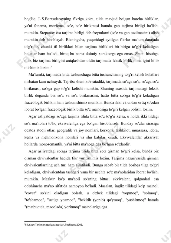 lari to'liq ekvivalentga ega bo'lgan hisoblanadi. bunday so'zlar sirasiga odatda atoqli otlar, geografik va joy nomlari, korxona, tashkilot, muassasa, idora, kema va mehmonxona nomlari va shu kabilar kiradi. ekvivalentlar aksariyat hollarda monosemantik, ya'ni bitta ma'noga ega bo'lgan so'zlardir. agar asliyatdagi so'zga tarjima tilida bitta so'z qisman to'g'ri kelsa, bunda biz qisman ekvivalentlar haqida fikr yuritishimiz lozim. tarjima nazariyasida qisman ekvivalentlarning uch turi ham ajratiladi. bunga sabab bir tilda boshqa tilga to'g'ri keladigan, ekvivalentdan tashqari yana bir nechta so'z ma'nolaridan iborat bo'lishi mumkin. mazkur ko'p ma'noli so'zning bittasi ekvivalent, qolganlari esa qo'shimcha ma'no sifatida namoyon bo'ladi. masalan, ingliz tilidagi ko'p ma'noli "cover" so'zini oladigan bolsak, u o'zbek tilidagi "yopmoq", "solmoq", "to'shamoq", "ustiga yozmoq", "bekitib (yopib) qo'ymoq", "yashirmoq" hamda "(matbuotda, maqolada) yoritmoq" ma'nolariga ega. semantik munosabatning ikkinchi varianti qisman ekvivalent so'zga to'g'ri keladigan ma'noning kesishishi hodisasi. bu degani ikki tildagi muayyan so'z bir xil ma'no yoki ma'nolarga ega bo'lishi mumkin va shunday …