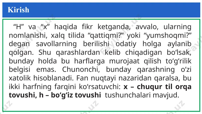 avjud) “e” harfidan keyin barcha mustaqil tub soʻzlar tarkibida hech qachon “x” harfi kelmaydi. texnika va texnologiya soʻzlari oʻzlashma soʻz boʻlganligi uchun bundan mustasno. 6-qoida. bugungi kunda “i” harfi bilan boshlanuvchi barcha tub soʻzlarda ikkinchi harf hamisha “x” harfi bilan yoziladi. masalan: ixtiro, ixlos, ixtisos... “i” harfi bilan boshlanuvchi barcha tub soʻzlarning qolgan holatlarida, ya’ni uchinchi harfidan boshlab barcha holatlarida hamisha “h” harfi yoziladi. iftixor bundan mustasno. masalan: ilhom, ilhaq... 7-qoida. “joʻxori” soʻzidan tashqari “j” harfi bilan boshlanuvchi barcha tub soʻzlar “h” harfi bilan yoziladi. masalan: jumhuriyat, jahannam... yuqoridagi qoidadan ma’lum boʻladiki, “j” harfi bilan boshlanuvchi barcha tub soʻzlar tarkibida hech qachon “x” harfi kelmaydi. 8-qoida. kalxat, karaxt, kimxob, kraxmal singari soʻzlardan tashqari “k” undoshi bilan boshlanadigan barcha tub soʻzlar tarkibida har doim “h” undoshi yoziladi. har qanday soʻzlar tarkibida undoshlar qoʻsh holida kelsa, quyidagi holatlar bilan yoziladi: 9-qoida. “g” (janggoh), “j” (hujjat), “oʻ” (hoʻ-hoʻoʻ), “q” (haqqoniy), “h” (ehhe) harflari …