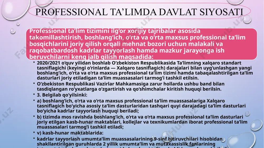 larning qiziqishi va rivojlanishi uchun qo'shimcha fursatlar yaratish. denov hazorbog` agrotexnologiya texnikumida uslubiy ishlarni olib borish ‹#› 1. texnika sohasidagi yangiliklarni kuzatib borish va o'quv dasturiga muvofiq yangilash kerak; 2. talabalar bilan maslahatlashib, ularning o'rganish davomida chet elda yoki mahalliy korxonada amaliy mashg'ulotlarda ishga tushirilishi kerakligi; 3. o'quv materiallarini ozgartirib yoki yangilash kerakligi; 4. talabalarning o'zlashtirgan bilimlari bo'yicha ko'maklashish kerakligi. barcha uslubiy ishlarni to'liq va samarali bajarish uchun, texnikumida tegishli mutaxassislar va o'qituvchilar yuqori saviyada tajriba va bilimga ega bo'lishi kerak. texnikumida uslubiy ishlarga kiradigan masalalar: ‹#› 1. o'quvchilar keng ko'rinishli va samimiy tajribalar yaratish uchun innovatsion vositalardan foydalaning. 2. o’quv jarayonida talabalarga bir-birlari bilan aloqani rivojlantirishni ta'minlashga harakat qiling. 3. interaktiv darsliklarda yuqori sifatli video materiallardan foydalaning. 4. ta’lim jarayonida onlayn testlar va savollar yordamida o’quvchilarning bilim darajasini baholash. 5. o’quvchi jamlashuvi uchun forumlar, chat xizmatlari va onlayn konferensiyalar ishlatilishi kerak. 6. ta'lim muassasasi o'qituvchilari o'zlashtiruvchi ta'lim usullarini qo'llab-quvvatlash …
