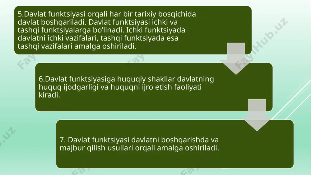 atning mohiyati va belgilaridan kelib chiqadi. foydalanilgan adabiyotlar 1.karimov i.a. o`zbekiston: milliy istiqlol, iqtisod, siyosat, mafkura.t.1. toshkent, 1996. 2. karimov i.a. bizdan ozod va obod vatan qolsin. t.2.toshkent, 1996. 3. karimov i.a. vatan sajdagoh kabi muqaddasdir. t.3 toshkent, 1996. 4. karimov i.a. bunyodkorlik yulidan t.4. toshkent, 1996 . 20. i.a.karimov. asosiy vazifamiz – vatanimiz taraqqiyoti va xalqimiz farovonligini yanada yuksaltirishdir. o’zbekiston respublikasi oliy majlisi qonunchilik palatasi va senatining qo’shma majlisidagi ma’ruza. ( 27 yanvar 2010 y). хalq so’zi. 28 yanvar 2010 y. 21 davlat va huquq nazariyasi. mualliflar jamoasi. darslik.– t.: adolat, 2000. 22. islamov z.m. davlat va huquq: umumnazariy masalalari. – t.: adolat, 2000. 14 etiboringgiz uchun raxmat 15 image1.png image2.jpeg image3.jpg image4.jpeg image5.jpg image6.jpg