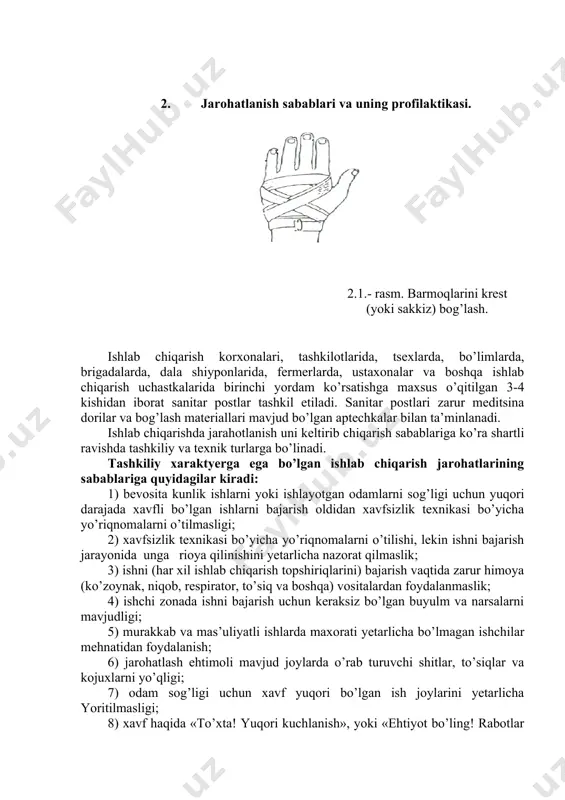 ko‘rsatadigan bo‘lsa, ular bu vazifani o‘zaro kelishib, hamjihatlik bilan amalga oshirishgani ma’qul. buning uchun biri rahbarlik mas’uliyatini zimmasiga olishi lozim. yuqorida aytganimizdek, birinchi tibbiy yordam ko‘rsatish jarayonida asosan, mazkur sharoitda ko‘z oldimizda va qo‘l ostimizda bo‘lgan mavjud vositalardan keng va unumli foydalaniladi. bunday vositalar turkumiga: bog‘lovchi materiallar - bintlar, tibbiy bog‘lov paket - xaltachalari, katta va ularning kichik hajmdagi toza, steril bog‘lamli salfetkalar, paxta va boshqa ashyolar kiradi. qon ketishini to‘xtatish uchun cho‘ziluvchan tasmasimon va naysimon jgutlar, immobilizatsiya qilish uchun esa, maxsus taxtachalar, fashrli, shotisimon, to‘rsimon va boshqa turdagi shinalar ishlatiladi. birinchi tibbiy yordam ko‘rsatishda ba’zi dori-darmonlardan ham foydalaniladi. chunonchi, naysimon ampula va shisha vdishlarga solingan spirtdagi 5% li yod eritmasi, spirtdagi 1 - 2%li brilliant yashili eritmasi, validol tabletkalari, valeriana tomchi dorisi, shisha naychalardagi novshadil spirti, shuiingdek, tugmachasimon shakldagi yoxud kukun holidagi natriy gidrokarbonat (ichimlik sodasi), vazelin va boshqalar shular jumlasidandir. bundan tashqari, ommaviy zararlanish o‘choqlarida radiofaol zaharlovchi moddalar …
