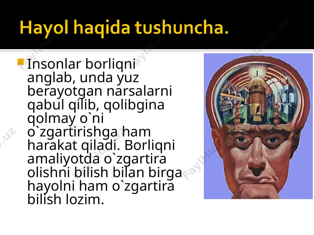 r") romani kabilar. aksentlashtirish - ayrim belgilarni ta'kidlash orqali obrazlar yaratish masalan: o’rtoqlik hazillari. aksentlashtirish badiiy adabiyotlarda juda ko’p qo’llaniladi 68- раем. француз карикатурачиси шарль филипоннинг король луи филиппга чизган карикатураен. tasavvur formulalarinio’zlashtirish jihatidan agglyutinatsiyaga yaqin turuvchi narsa giperbolizatsiyadir.giperbolizatsiya narsalar qisimning miqdorini va ularning o’rnini almashtirish bilan ham harakterlanadi.masalan,hind afsonasidagi ko’p qo’lli hudolar,yetti boshli ajdarla va shu kabilardir. xayol jarayonida xayol tasavvurlarining xotira tasavvuridan farqi muhim ahamiyatga ega xayol tasavvurlari ongda paydo bo’ladi va barqaror bo’ladi. xotira tasavvuridagi narsa doimo tanish narsadek his qilinadi. xayol tasavvurlari esa yangilikni his qilish tuyg’ularini beradi. xayol tasavvurlari insonning qiziqish va ideallari bilan bog’liq bo’lgani sababli yangilikni his qilish tuyg’ulari oqibatida vujudga keladi. xayol turlari passiv xayol ixtiyorsiz shirin xayol tush ko'rish gallyutsinatsiya aktiv xayol ixtiyoriy qayta tiklovchi ijodiy orzu hayol turlari. passiv hayol. aktiv hayol. ixtiyorsiz . ixtiyoriy. shirin hayol. qayta tiklovchi tush ko’rish. ijodiy. orzu. xayol sifatlari kishilarning xayoli kengligi, mazmundorligi, kuchi …