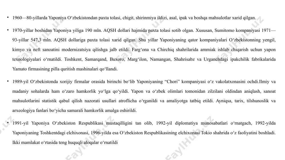 oʻqimach. ik kabi sohalarga mansub. oʻzdeu avto“, „oʻzdeuelektroniks“, „kabul-oʻzbek kompani ltd“, „oʻzsamsoʻngelektroniks“ kabi qoʻshma korxonalar shu jumlaga kiradi. ular avtomobil, xalq isteʼmol mollari, radio elektron maqsulotlar ishlab chiqarish bilan shugʻullanadi. nurafshondada va toshkentning „koʻkcha“ dahasida qurilgan toʻqimachilik korxonalari mahsulotlari chetga eksport qilinmoqda. fargʻona va namangan shaharlarida ham shunday korxonalar barpo etiladi. shuningdek, koreya respublikasining 19 ta kompaniyasi oʻzbekiston respublikasi da oʻz vakolatxonasini ochgan. 1994-yildan buyon iqtisodiy hamkorlik va savdo-sotiq masalalari boʻyicha oʻzbekiston-koreya va koreya-oʻzbekiston qoʻshma qoʻmitasi ishlab kelmoqda. oʻzbekiston respublikasi tashqi iqtisodiy faoliyat milliy banki koreya respublikasining 10 ta banki bilan vakillik munosabatlari oʻrnatgan koreya xalqaro hamkorlik agentligi (koica) bir necha yillar davomida respublika vazirliklari va idoralari bilan faol aloqa qilmoqda. shu tashkilot yoʻli bilan oʻzbek yigit-qizlari muntazam ravishda koreya respublikasida malaka oshirishmoqda. toshkent iqtisodiyot universitetida va moliya instituti huzuridagi litseyda kompyuter sinflari tashkil etilgan. toshkent iqtisodiyot universitetida va moliya instituti huzuridagi litseyda kompyuter sinflari tashkil etilgan. oʻzbekistondagi boshqa litsey …