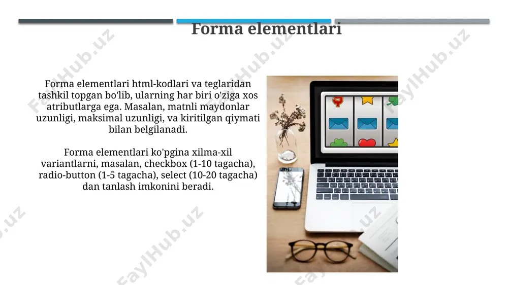 ength`, `value`) aniqlash zarur. bu parametrlar elementning turini, nomini, o'lchamini, maksimal uzunligini va boshlang'ich qiymatini belgilaydi. ma'lumotlarni serverga jo'natish serverga ma'lumotlarni uzatishda, url ga maxsus parametrlar (masalan, name=value) qo'shiladi. get metodi bilan 2048 baytgacha ma'lumot uzatish mumkin. xampp kabi web serverlar oʻz ichiga apache, mysql va php larni oladi. bu server yordamida ma'lumotlarni serverga 100 dan ortiq variantlarda uzatish mumkin. gipermatn marketing tili yordamida ijtimoiy tushunchalarni aks ettirish gipermatn tili ijtimoiy tushunchalarni ifodalashda dinamik, interaktiv va universal vosita vazifasini o'taydi. unda 10 dan ortiq turdagi o'zaro munosabatlarni 50 dan ortiq atributi va 200 ga yaqin teglari yordamida aks ettirish mumkin. ijtimoiy tarmoqlarda foydalanuvchilar oʻrtasidagi munosabatlarni, jumladan, doʻstlik, dushmanlik, raqobat kabi 5 ta asosiy turdagi munosabatlarni html teglar yordamida ifodalash mumkin. bu holda har bir munosabatga turli xil elementlar va xususiyatlar qo‘llaniladi. e'tiboringiz uchun rahmat @taqdimot_robot image1.jpg image2.jpg image3.jpg image4.jpg image5.jpg image6.jpg image7.jpg image8.jpg image9.jpg image10.jpg
