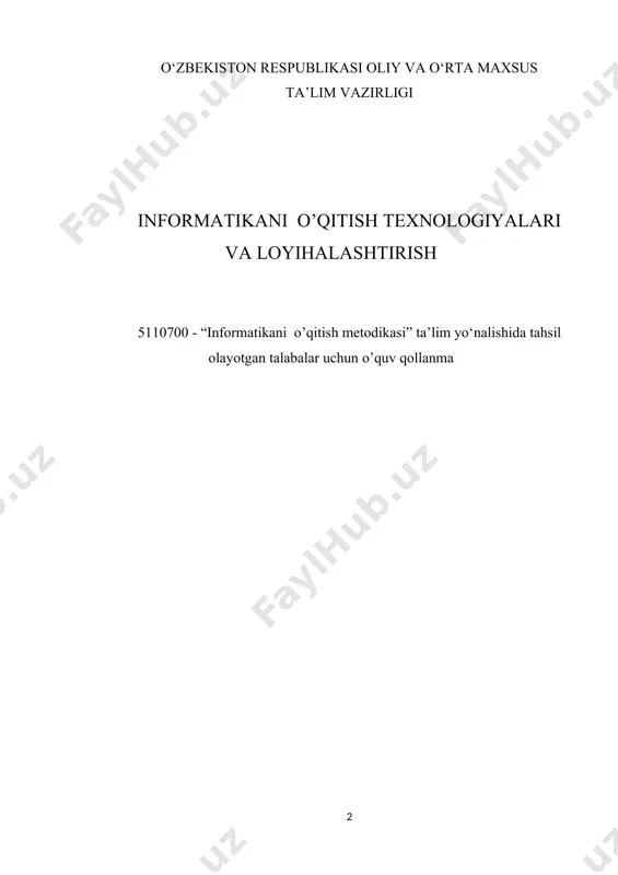 uchun “informatikani o’qitish texnologiyalari va loyihalashtirish” fanidan o‘quv qo‘llanma bo’lib, undan boshqa fan o’qituvchilari, magistrlar va barcha qiziquvchilar foydalanishi mumkin aннотация данное учебное пособие написано по предмету «технология обучения и проектирования информатики» предусматривает организацию учебного процесса на научной основе, внедрение инновационных педагогических технологий в учебный процесс, проектирование и организацию педагогической деятельности учителя информатики книга является учебным пособием по «технология обучения и проектирования информатики» для студентов бакалавриатуры по направлению обучения 5110700 - «методика преподавания информатики», также может использовать учителей другого предмета, магистры и все заинтересованные. abstract this textbook is written based on the subject "technology of teaching and designing informatics" provides for the organization of the educational process on a scientific basis, the introduction of innovative pedagogical technologies in the educational process, the design and organization of pedagogical activities of computer science teachers the book is a training manual on "technology of teaching and designing computer science” for undergraduate students in …