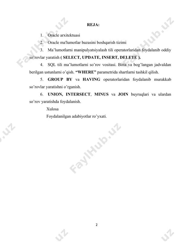ar bazasini bo'lishadi. server mashinalarining klasteri bitta uchida bitta server, ikkinchi tomonida esa oxirgi foydalanuvchilar va ilovalar ko'rinishida bo'ladi. ushbu konfiguratsiya yuqori darajadagi mavjudlik, kengaytirilishi va yuqori darajadagi ishlashi uchun mo'ljallangan.tinglovchilar bu ma'lumotlar bazasi serverining jarayoni. u mijoz so'rovlarini qabul qiladi, ma'lumotlar bazasi instansiyasiga ulanishni o'rnatadi va keyin server jarayoniga mijoz ulanishini topshiradi. tinglovchi ma'lumotlar bazasi serverida lokal ravishda ishlay oladi yoki masofadan boshqarishi mumkin. odatiy oracle rac muhitlari uzoqdan ishlaydi. oracle ma'lumotlar bazasi boshqarish tizimi oracle ma'lumotlar bazasi o'zaro faoliyat platformadir. u windows server, unix va gnu / linuxning turli xil tarqatilishlarini o'z ichiga olgan operatsion tizimlardagi turli xil qo'shimcha qurilmalarda ishlashi mumkin. oracle database o'zining tarmoq stekiga ega, bu esa boshqa platformadagi dasturlarga oracle ma'lumotlar bazasi bilan bemalol aloqa qilish imkonini beradi. masalan, windows-da ishlaydigan dasturlar unix-da ishlaydigan oracle ma'lumotlar bazasiga ulanishi mumkin. acidga mos keladigan - oracle - bu ma'lumotlar yaxlitligi va ishonchliligini saqlashga yordam beradigan acidga …