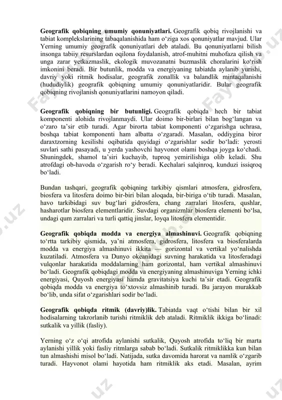 anadi. yerda hayot 3,8-3,5 mlrd yil muqaddam paydo bo‘lgan bo‘lsa-da, ular o‘ta oddiy organizmlardan tashkil topganligi uchun geografik qobiqning rivojlanishiga sezilarli ta’sir etmagan. biogen bosqich — 570 mln yil muqaddam boshlangan. bu davrda organizmlar taraqqiy etgan. natijada, biosfera shakllangan va geografik qobiqning mukammal tizimga ega bo‘lishiga kuchli ta’sir ko‘rsatgan. antropogen bosqich inson paydo bo‘lgandan (2 mln yil avval) hozirgi kunga qadar o‘tgan davrni qamrab oladi. ayni paytda geografik qobiqning rivojlanishiga insonning xo‘jalik faoliyati (texnika inqilobi, kosmik asr) sezilarli darajada ta’sir ko‘rsatmoqda. bular tabiatni muhofaza qilish, ekologik, demografik muammolarni keltirib chiqardi. shulardan biri o‘lkamizdagi orolbo‘yi ekologik muammosidir. geografik qobiqning umumiy qonuniyatlari. geografik qobiq rivojlanishi va tabiat komplekslarining tabaqalanishida ham o‘ziga xos qonuniyatlar mavjud. ular yerning umumiy geografik qonuniyatlari deb ataladi. bu qonuniyatlarni bilish insonga tabiiy resurslardan oqilona foydalanish, atrof-muhitni muhofaza qilish va unga zarar yetkazmaslik, ekologik muvozanatni buzmaslik choralarini ko‘rish imkonini beradi. bir butunlik, modda va energiyaning tabiatda aylanib yurishi, davriy …