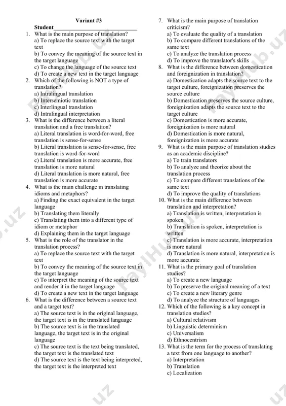 for dealing with abbreviations and acronyms? a) transliteration b) explicitation c) calque d) borrowing 15. what is the purpose of a translation quality assessment in translation studies? a) to evaluate the accuracy and effectiveness of a translated text b) create a new version of the translated text c) to train translators in a specific language pair d) to market and promote the translated text 16. which of the following is a key principle of skopos theory in translation studies? a) prioritizing literal word-for-word accuracy b) focusing on the purpose and function c) aiming for equivalent effect on the target audience d) translating only the most important parts of the text 17. what is the role of a translation agency in the translation process? a) to provide instructions and guidelines for the translator b) to evaluate the quality of the translated text c) to manage and coordinate translation projects d) to …