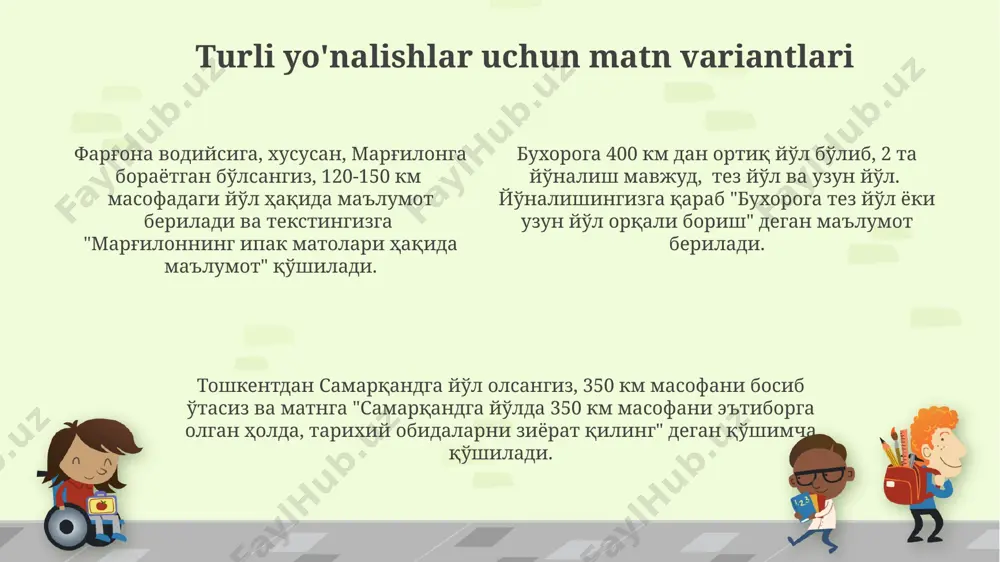 ida bo'ladi. buxoro (50, 120) dan xiva (10, 200) ga yo'nalgan 250 km li yo'nalish vektori, bu yo'nalishdagi tarixiy shaharlarning me'moriy uslublari va madaniy merosini aks ettiruvchi matnni yaratadi. farg'ona vodiysidagi andijon (100, 50) koordinatalaridan namangan (150, 100) ga yo'nalgan vektor, paxta yetishtirish va ipakchilik haqidagi ma'lumotlarni o'z ichiga olgan matnni hosil qiladi. matn generatsiyasi usullari англиянинг кембриж университети томонидан яратилган lstm модели орқали 1000 та сўз билан ташкил топган матнлар генерацияси жараёнида хатолик даражаси 2% дан камроқ бўлган. тошкент шаҳридаги "инновацион технологиялар" маркази 2023 йилда ўтказган экспериментда, 3 турли алгоритмлардан фойдаланиб, матн генерациясининг тезлиги ва сифатини таққосланган. марказий осиёдаги 5 та университетда ўтказилган тадқиқотлар маълумотларига кўра, матн генерацияси учун нейрон тармоқлардан фойдаланиш самарадорлиги 85% гача етади. yo'nalishga bog'liq matn tuzish yo'nalishga qarab, masalan, toshkentdan samarqandga (270 km) yo'l davomida, 3 xil matn varianti yaratilishi mumkin: biri avtomobil yo'li uchun, ikkinchisi temir yo'l uchun, uchinchisi esa havo yo'li orqali sayohat …
