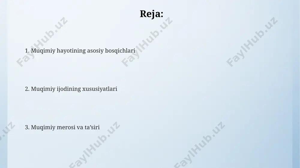 eradi. muhabbat lirikasi muhabbat lirikasining 20-asrning 30-yillarida buxoro va samarqand kabi shaharlarda mashhur boʻlganligi, koʻplab qoʻshiqlarning milliy musiqa anʼanalariga asoslanganligi maʼlum. muhabbat lirikasi kitobining bir nechta nashrlari mavjud boʻlib, ularning baʼzilari 1960-yillarda toshkent shahrida chop etilgan. lirikaning 100 dan ortiq sheʼrlari turli xil mavzularda, jumladan, sevgi, tabiat va vatan haqida boʻlib, shoirning ijodiy uslubini aks ettiradi. til va uslub xususiyatlari uning ijodida sodda va ravon uslub ustunlik qiladi, murakkab sintaksis tuzilmalaridan kam foydalanib, 5-7 hejali misralarni afzal ko'radi. muqimiyning lirik she'rlarida his-tuyg'ularning jonli ifodasi, obrazlilik va majoziy ifodalar, xususan, tabiat tasvirlarida samarqand atrofining manzaralari aks etadi. muqimiy asarlarida 19-asr oxiri va 20-asr boshlari buxoro shahriga xos shevalarning ta'siri seziladi, jumladan, ba'zi lug'at birliklari va fonetik xususiyatlar o'z aksini topgan. muqimiy va zamonaviy adabiyot muqimiy ijodining 300 dan ortiq sheʼrlari va dostonlari zamonaviy adabiyotshunoslar tomonidan oʻrganilib, yangi talqinlar va tahlillar mavzusiga aylanadi, uning milliy gʻoyalarini aks ettiradi. muqimiyning "layli va majnun" …