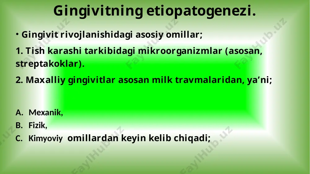 , fibrinoid bo’kish, va vaskulitlar kuzatiladi. milk cho’ntaklarining devori va tubi ko’plab leykosit, limfosit, plazmatik hujayralar va makrofaglarni ushlovchi granulyasion to’qimadan iborat bo’lib, yuzasi ko’p qavatli yassi epiteliy bilan qoplanadi, yassi epiteliy granulyasion to’qima ichiga o’sib kiradi. tish ildizi soxasida gipersementoz, pulpada esa reaktiv o’zgarishlar (distrofiya va atrofiya) kuzatiladi. rentgenologik tekshiruvlar natijasida tish katakchasi yemirilishining 4 darajasi ajratiladi. i-daraja – tish katakchalari suyagining yemirilish, tish ildizining ¼ oshmaydi. ii-daraja – tish katakchalari suyagining yemirilish, tish ildizining 2/4 qismini egallaydi. iii-daraja – tish katakchalari suyagining yemirilish, tish ildizining 2/3 qismini egallaydi. iv-daraja - – tish katakchalari suyagi to’liq yemiriladi, tish paradont yumshoq to’qimasi ichida erkin joylashadi va tushib ketadi. paradontitning oqibati va asoratlari: 1. aleolyar o’siqning atrofiyasi. 2. tishlarning qimirlab qolishi va tushishi. 3. yiringning qonga o’tishi (sepsis, septikopiyemiya) paradontoz – surunkali kechuvchi, birlamchi-distrofik xarakterdagi paradont kasalligi. paradont kasalliklarining 4-5% ini tashkil qiladi. aksar xollarda tishning nokaroiz kasalliklari (emal eroziyasi, ponasimon …