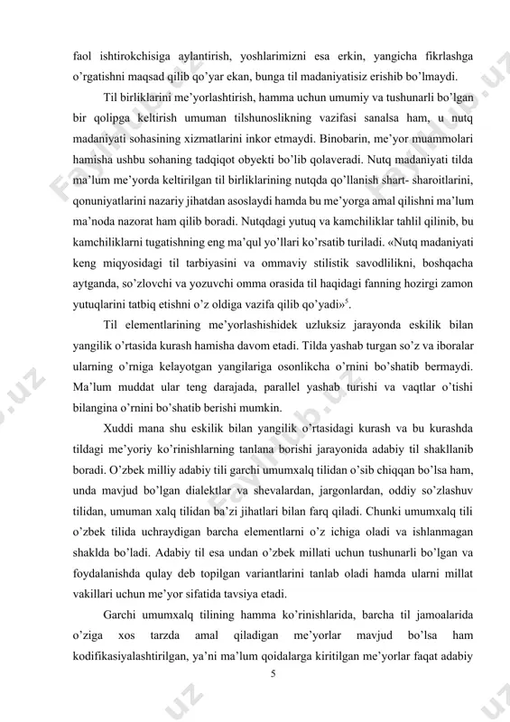 likcha o’rnini bo’shatib bermaydi. ma’lum muddat ular teng darajada, parallel yashab turishi va vaqtlar o’tishi bilangina o’rnini bo’shatib berishi mumkin. xuddi mana shu eskilik bilan yangilik o’rtasidagi kurash va bu kurashda tildagi me’yoriy ko’rinishlarning tanlana borishi jarayonida adabiy til shakllanib boradi. o’zbek milliy adabiy tili garchi umumxalq tilidan o’sib chiqqan bo’lsa ham, unda mavjud bo’lgan dialektlar va shevalardan, jargonlardan, oddiy so’zlashuv tilidan, umuman xalq tilidan ba’zi jihatlari bilan farq qiladi. chunki umumxalq tili o’zbek tilida uchraydigan barcha elementlarni o’z ichiga oladi va ishlanmagan shaklda bo’ladi. adabiy til esa undan o’zbek millati uchun tushunarli bo’lgan va foydalanishda qulay deb topilgan variantlarini tanlab oladi hamda ularni millat vakillari uchun me’yor sifatida tavsiya etadi. garchi umumxalq tilining hamma ko’rinishlarida, barcha til jamoalarida o’ziga xos tarzda amal qiladigan me’yorlar mavjud bo’lsa ham kodifikasiyalashtirilgan, ya’ni ma’lum qoidalarga kiritilgan me’yorlar faqat adabiy tilga xos xususiyatdir. «faqat adabiy tildagina, - deydi v.a. iskovich, - qanday gapirish va …