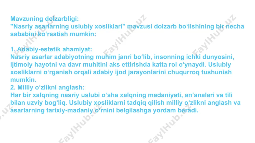 zma nutq shakli sifatida paydo boʻlgan. xiv-xvi asrlarda rabgʻuziyning "qisasi rabgʻuziy", alisher navoiyning "mahbub ul-qulub" kabi nasriy asarlari, shuningdek, zahiriddin muhammad boburning "boburnoma" asari oʻzbek adabiyotida milliy nasrning rivojlanishida muhim ahamiyat kasb etdi. xx asrda zamonaviy oʻzbek adabiyotining shakllanishi bilan nasr adabiy tur sifatida rivojlandi. hikoya – badiiy adabiyotning kichik epik janri bo'lib, unda hayotiy voqealar ixcham va lo'nda shaklda tasvirlanadi. hikoyaning uslubiy xususiyatlari quyidagilardan iborat: 1. ixchamlik va lo'ndalik: hikoyada voqealar qisqa hajmda, ortiqcha tafsilotlarsiz bayon etiladi, bu esa asarning ta'sirchanligini oshiradi. 2. yagona voqea yoki epizod: odatda, hikoya bitta asosiy voqea yoki epizod atrofida quriladi, bu esa syujetning soddaligi va izchilligini ta'minlaydi. 3. qahramonlarning cheklangan soni: hikoyalarda ishtirok etuvchi qahramonlar soni kam bo'lib, ularning xarakteri va kechinmalari chuqurroq ochib beriladi. 4. muallifning nutqi va qahramonlarning nutqi: muallifning hikoya qilish uslubi va qahramonlarning nutqi orqali asarning umumiy uslubi shakllanadi. 5. dialoglarning qo'llanilishi: qahramonlar o'rtasidagi muloqotlar orqali ularning xarakteri, munosabatlari …