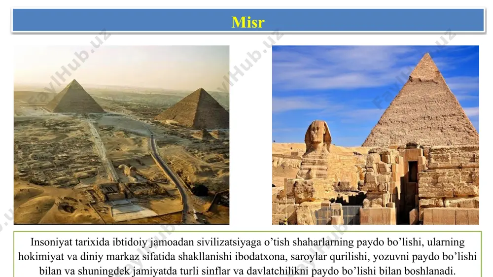 ing eng baland cho’qqilariga ko’tarildi. qadimiy misr haqida qiziqarli faktlar 1. qadimiy misr podsholigi olti ming yil oldin paydo bo’lgan. 2. qadimiy misrda kosmetikadan nafaqat ayollar, balki erkaklar ham foydalangan. ular yuzini quyosh nuri ta’siridan asrash maqsadida kosmetik mahsulotlarga murojaat etishardi. hozir ham misr erkaklari ayollar kosmetikasidan foydalanishadi. 3. qadimiy misr bolalari to o’smir yoshiga yetmaguncha kiyimsiz yurishgan. sochlarini qirib, faqat ikki yonida kokillar qoldirishardi. 4. ayollari erkaklar bilan teng huquqqa ega bo’lgan. garchi faqat uyda ro’zg’or ishlari bilan band bo’lishsa-da, huhuqiy jihatdan ayollarni chegaralashmasdi. 5. aynan qadimiy misrda birinchi bo’lib nikoh shartnomasi o’ylab topilgan. unda er-xotin ajrashsa, mol-mulk qanday bo’linishi haqidagi bandlar mavjud bo’lgan. 6. mashhur misr ehromlarini qullar emas, balki professional ustalar bunyod etgan. 7. qadimiy misrda yostiq ichiga qush patlari emas, mayda tosh solinardi. 8. qadimiy misrdagi mashhur va boobro’ shaxslar orasida begonalardan sochlarini berkitish urf hisoblangan. 9. misrliklar osiris xudosini soqolli ko’rinishda tasvirlashgan. shuning uchun erkaklar …
