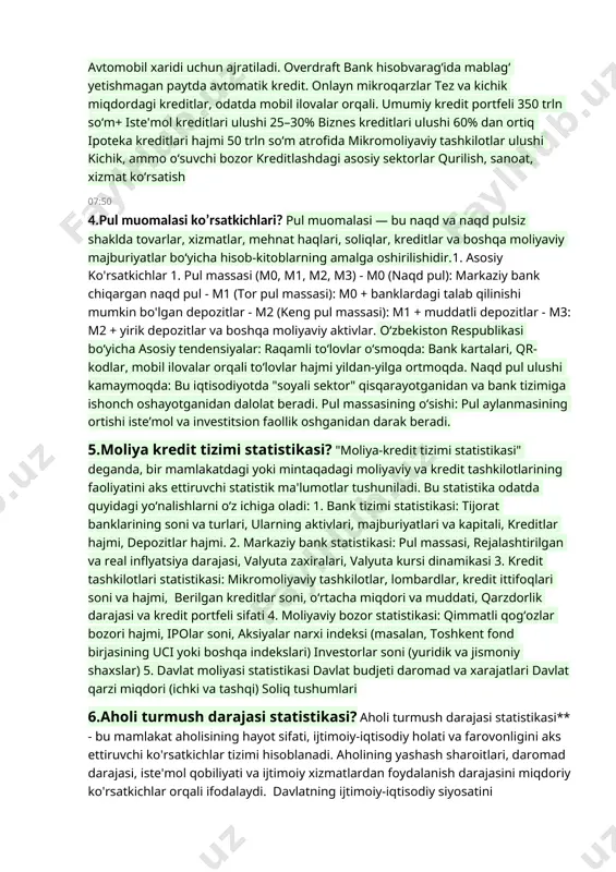 alar, aholi, davlat), investitsiyalar portfeli (obligatsiyalar, aktsiyalar) 6. majburiyatlar va depozitlar statistikasi: depozitlar / majburiyatlar ulushi, mijozlar depozitlarining muddati, banklararo qarzlar ulushi 7. bozor ko‘rsatkichlari: bankning bozor kapitallashuvi, aksiyalar kursining o‘zgarishi . 3. kredit mohiyati, manbalari va turlari statistikasi? kredit — bu vaqtinchalik foydalanish uchun pul mablag‘larini (yoki boshqa moddiy boyliklarni) berish shaklidir. kredit iqtisodiy munosabat bo‘lib, unda bir tomon (kreditor) ikkinchi tomonga (qarzdorga) belgilangan muddatda va shartlar asosida mablag‘ beradi. ichki manbalar: tijorat banklari, mikromoliyaviy tashkilotlar, lombardlar, kredit ittifoqlari, moliya kompaniyalari. tashqi manbalar: xalqaro moliya institutlari (jahon banki, xalqaro valyuta jamg‘armasi va boshqalar), chet el banklari, investitsiya kompaniyalari. kredit turlari. ste'mol krediti jismoniy shaxslarga maishiy tovarlar yoki xizmatlar uchun beriladi. ishlab chiqarish krediti yuridik shaxslarga ishlab chiqarish jarayonini moliyalashtirish uchun beriladi. ipoteka krediti ko‘chmas mulkni garovga qo‘yish asosida uzoq muddatli kredit. avtokredit avtomobil xaridi uchun ajratiladi. overdraft bank hisobvarag‘ida mablag‘ yetishmagan paytda avtomatik kredit. onlayn mikroqarzlar tez va kichik …