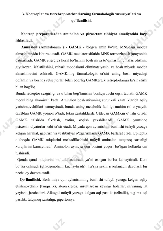 n ib u tu m ) tabletkada 0,25 g dan ishlab chiqariladi, 2—3 hafta davomida kuniga 3 martadan ovqatdan keyin ichiladi. 4. o’zbekiston respublikasida qayd qilingan va qo’llashga ruxsat berilgan nootrop dori vositalari (2020-yil). 1. aminolon (aminolonum), gamma - aminomoy kislotasi. 2. gamalate b6. majmuaviy preparat 3. piratsetam, 2-oksi-1-pirrolidin-atsetamid sinonimlari: lutsetam, metsetam, nootropil, piratsetam-darnitsa, mr-piratsetam, piratsetam-c.t., piratsetam-rg, piratsetam-remedy. asosida piratsetam saqlovchi majmuaviy preparatlar: piratsetam va tsinnarizin saqlovchi: neyro-norm, neotrop, nikatrop, nootrotsin, noofezam-tai, omaron, piratsezin, fezam; piratsetam va tiotriazolin saqlovchi: mertiaksitam, tiotsetam; piratsetam va tsitikolin saqlovchi: tsitioks p. 3. fenibut (phenibutum), y-amino-b-fenil-moy kislotasi gidroxloridi. sinonimlari: noofen, noofen 100; noofen 500. 4. pantogam (pantogamum), d-(+) gomopantoten kislotasining kaltsiyli tuzi sinonimlari: gopantam, pantogam aktiv, pantokaltsin. 5. pikamilon (pikamilonum), n-nikotionoil-y-aminomoy kislotasining natriyli tuzi 6. aminofenil moy kislotasi (aminophenyl oil acid) sinonimlari: anvifen, bifren, neyrofen. 7. piriditol (piriditolum), bis-(2-metil-3-oksi-4-oksimetilpiridil-5-metil)-disulfid digidroxloridi sinonimlari: entsefabol 8. fenotropil (fenotropil), n-karbamoil-metil-4-fenil-2-pirrolidon 9. idebenon (idebenone), 2-(10-gidroksidetsil)-5-6-dimetoksi-3-metil-tsiklogeksa-2,5-diyen-1,4-dion sinonimi: noben 10. semaks (semax) …