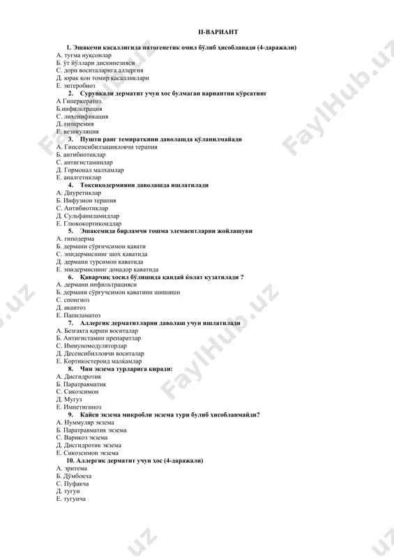 li) a. tug'ma nuqsonlar b. o't yo'llari diskineziyasi s. dori vositalariga allergiya d. yurak qon tomir kasalliklari e. enterobioz 2. surunkali dermatit uchun xos bulmagan variantni ko'rsating a giperkeratoz. b.infiltratsiya s. lixenifikatsiya d. giperemiya e. vezikulyatsiya 3. pushti rang temiratkini davolashda qo'lanilmayadi a. gipsensibilzatsiyalovchi terapiya b. antibiotiklar s. antigistaminlar d. gormonal malxamlar e. analgetiklar 4. toksikodermiyani davolashda ishlatiladi a. diuretiklar b. infuzion terapiya s. antibiotiklar d. sulfanilamidlar e. glyukokortikoidlar 5. eshakemida birlamchi toshma elemaentlarni joylashuvi a. gipoderma b. dermani so'rg'ichsimon qavati s. epidermisning shox qavatida d. dermani tursimon kavatida e. epidermisning donador qavatida 6. qavarchiq xosil bo'lishida qanday ќolat kuzatiladi ? a. dermani infiltratsiyasi b. dermani so'rg'uchsimon qavatini shishishi s. spongioz d. akantoz e. papilamatoz 7. allergik dermatitlarni davolash uchun ishlatiladi a. bezgakga qarshi vositalar b. antigistamin preparatlar s. immunomodulyatorlar d. desensibillovchi vositalar e. kortikosteroid malќamlar 8. chin ekzema turlariga kiradi: a. disgidrotik b. paratravmatik s. sikozsimon d. muguz e. …