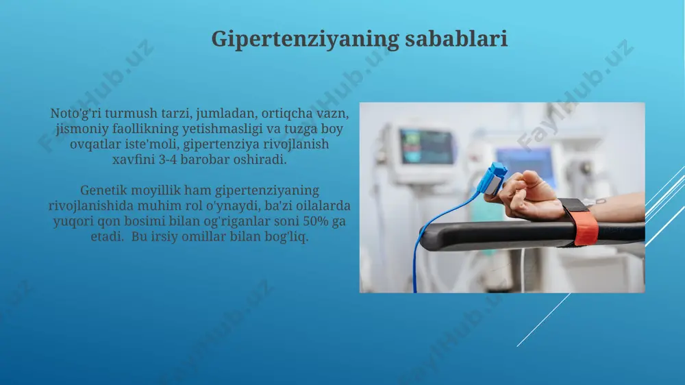 shni tashlash, spirtli ichimliklarni iste'mol qilishni kamaytirish va stressni boshqarish kabi sog'lom odatlarni qo'llash gipertenziya va uning asoratlarining oldini olishda muhim rol o'ynaydi. alfa-blokatorlar ushbu turdagi dorilarning yon ta'siri, masalan, bosh aylanishi yoki hushidan ketish xavfi yuqori bo'lgan bemorlarda ehtiyotkorlik bilan qo'llanilishi kerak, ayniqsa, dozani birdaniga oshirishda. taxminan 10% bemorlarda kuzatiladi. alfa-blokerlar qon tomirlarining devorlaridagi alfa-1 adrenergik retseptorlarini bloklaydi, bu esa qon tomirlarining kengayishiga va shuning uchun qon bosimining pasayishiga olib keladi, taxminan 1-2 soat ichida ta'sir ko'rsatadi. antihipertenziv dorilarning turlari gipertenziyani davolashda 5 dan ortiq turdagi dorilar qo‘llaniladi, jumladan, ace inhibitörlari, beta-blokatorlar, diuretiklar, kaltsiy kanal blokerlari va arblar. ularning har biri turlicha ta'sir mexanizmiga ega. angiotensin ii retseptorlari blokerlari (arb) kabi ba'zi antihipertenziv dorilar buyrak funksiyasini yaxshilashga yordam beradi va 10-20% gacha qon bosimini pasaytirishi mumkin. e'tiboringiz uchun rahmat @taqdimot_robot image1.jpg image2.jpg image3.jpg image4.jpg image5.jpg image6.jpg image7.jpg image8.jpg image9.jpg image10.jpg image11.jpg image12.jpg image13.jpg image14.jpg image15.jpg image16.jpg image17.jpg