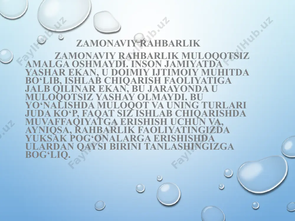 lillar asosida echilishi eng yaxshi yo‘l hisoblanadi. bu o‘rinda nizoning o‘zini rahbarlik unsurlaridan biri sifatidan ishlatib foydalanish bundan mustasnodir. rahbar har doim odamlarning ko‘z oldida, uning xatti-harakatiga qarab hodimlar nafaqat korxonaga, qolaversa atrof-muhitga ham baho beradi, o‘z qadamlarini shunga mo‘tanosiblashtirishga harakat qilishadi. ushbu holatdan kelib chiqilsa, rahbarning so‘zi va amalining birligi qanchalik muhimligini tushunib olish qiyin emas. shu joyning o‘zida aytib o‘tish lozimki, rahbarlik, kim y bu faoliyat bilan shug‘ullanayotgan ekan, undan mahorat, bilim, tajriba, turli yo‘nalishdagi qobiliyat va doimiy yangilikka intiluvchanlikni talab qiladi. ayniqsa, rahbarning atrof-muhitni taxlil qilib borishi, ya’ni o‘z bilimini orttirib, yangilarini amaliyotga joriy qilishi katta ahamiyatga ega. rahbarlikni faqatgina moddiy va ma’naviy manfaatlar imkoniyati, ho‘zur-halovat deguvchilar qattiq, adashadi. rahbarlik ham o‘z o‘rnida san’at va alohida bir kishi uchun kasb ekanligini unutmaslik kerak. rahbarlikning eng kamida ikki tomonlama tashvishi doimiydir. bu ham bo‘lsa, birinchidan, ishlab chiqarishda, korxonaning ish faoliyati tashvishi, ikkinchidan, ushbu korxonada faoliyat ko‘rsatayotgan hodimlar, odamlar …