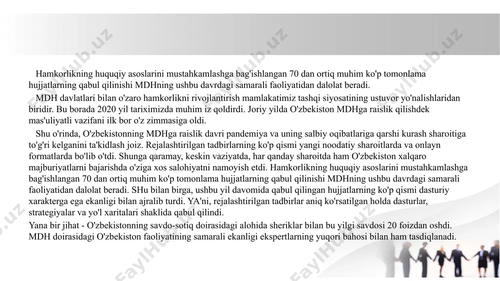 ardoshligi va hamdo'stlik mamlakatlari fuqarolari farovonligini oshirishni, uning ishtirokchi-davlatlarining jahon iqtisodiy aloqalarida mavqeini mustahkamlashni nazarda tutadi. strategiyani amalga oshirish ikki bosqichga (2021–2025 va 2026–2030 yy.) bo'lingan rejalar asosida amalga oshiriladi. mdhga raislik nafaqat o'zbekistonning imiji va obro'sini mustahkamladi, davlatimizning ishonchli xalqaro sherik sifatida yuqori salohiyatini namoyish etdi, balki mdh maqomini mustahkamlashga ham hissa qo'shdi. jumladan, bmt bosh assambleyasining maxsus rezolyutsiyasini qabul qilishda muhim qadam bo'ldi. birlashgan millatlar tashkiloti va mustaqil davlatlar hamdo'stligi o'rtasidagi hamkorlik maxsus rezolyutsiyasi 2020 yil 23 noyabrda n`yu-yorkdagi (aqsh) birlashgan millatlar tashkilotining shtab-kvartirasida 75-sessiya doirasida qabul qilindi. o'zbekistonning ushbu tashabbusi nafaqat mdh a'zolari o'rtasidagi o'zaro aloqalarni kuchaytirishga, balki, mdhni global darajada mustahkamlashga ham hissa qo'shdi. 18 dekabr kuni mdh davlat rahbarlari kengashining majlisida davlatimiz rahbari o'zbekistonning mdhdagi raisligi yakunlarini sarhisob qilib, kelajakja o'zaro hamkorlikning barcha yo'nalishlarini qamrab olgan bir qator tashabbuslarni ilgari surdi. jumladan, iqtisodiy sohada quyidagi chora-tadbirlarni taklif etdi: - hamdo'stlik doirasida “yashil” va soddalashtirilgan yo'laklar …
