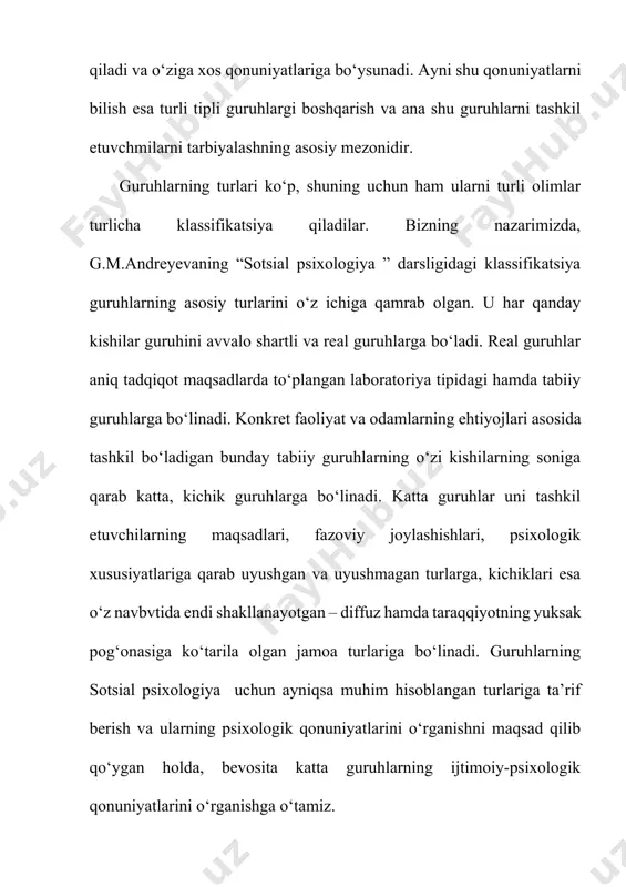 a asosan vaqtini o‘tkazadigan guruhlar psixologiyasini, milliy sifatlarini ham nazarda tutish va ularni o‘rganish zarur. bu degani, har bir shaxs ongida uning yakka, alohida orttirgan shaxsiy tajribasiga aloqador psixologik tizimlardan tashqari, uning qaysi millat, elat sinfga mansubligiga aloqador psixologik xususiyatlar ham mavjuddir va uni ilmiy tadqiqotchi inkor etmasligi kerak. adabiyotlar: 1. andreyeva g.m. sotsialnaya psixologiya. uchebnik dlya visshix uchebnix zavedeniy / g.m. andreyeva. – 5-ye izd., ispr. i dop. – m.: aspekt press, 2003. – 364 s. 2. andreyeva g.m., bogomolova n.n., petrovskaya l.a. zarubejnaya sotsialnaya psixologiya xx stoletiya. – m.: aspekt press, 2002. 3. bodalev a.a. lichnost i obsheniye. – m.: 2003. 4. maxmudov i.i. boshqaruv psixologiyasi: o‘quv qo‘llanma / mas’ul muharrir: a.xolbekov. – t.: djqa “rahbar” markazi; “yunaks-print” mchj, 2006. – 230 b. 5. galkina t.p. sotsiologiya upravleniya: ot gruppi k komande. – m.: 2003. 6. donsov a.i. psixologiya kollektiva. – m.: mgu, 1984. 7. yemelyanov y.n. aktivnoye …