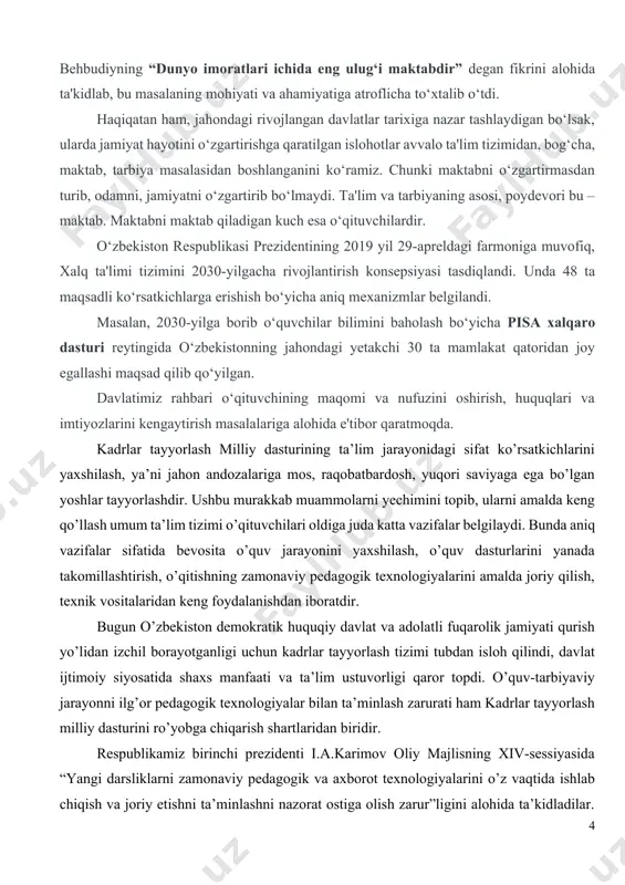 r”ligini alohida ta’kidladilar. bugun olimlar va o’qituvchilar ilg’or pedagogik texnologiyalarni ishlab chiqish va qo’llashda mas’uldirlar. bu soha yaqin xorijiy davlatlarda ham e’tibor kuchaytirilmoqda. o‘zbekiston respublikasi prezidenti shavkat mirziyoyev raisligida 2019 yil 23-avgust kuni xalq ta'limi tizimini rivojlantirish, pedagoglarning malakasi va jamiyatdagi nufuzini oshirish, yosh avlod ma'naviyatini yuksaltirish masalalariga bag‘ishlangan yig‘ilishi bo‘lib o‘tdi. davlatimiz rahbari prezidentlik faoliyatining dastlabki kunlaridan boshlab yurtimizda innovatsion va kreativ fikrlaydigan, zamonaviy kadrlar tayyorlash, yoshlarni vatanparvarlik ruhida, yuksak ma'naviyat egalari etib tarbiyalash, shu maqsadda ta'lim tizimini takomillashtirish masalalariga alohida e'tibor qaratib kelmoqda. mamlakatimizda kadrlar tayyorlash sohasidagi davlat siyosati uzluksiz ta’lim tizimi orqali shaxsning har tomonlama barkamol bo’lib yetishini ko’zda tutadi. shaxs uzluksiz ta’limda va kadrlar tayyorlashda ta’lim xizmatlarining iste’molchisi, hamda ishlab chiqaruvchisi sifatida namoyon bo’ladi. umumiy o’rta ta’lim uzluksiz ta’lim tizimining mustaqil turi hisoblanadi. o’zbekiston respublikasi “ta’lim to’g’risida”gi qonuni va “kadrlar tayyorlash milliy dasturi”ga muvofiq amalga oshiriladi. ushbu xujjatlarda ta’lim tizimi uchun belgilangan vazifalardan biri yuqori saviyada …