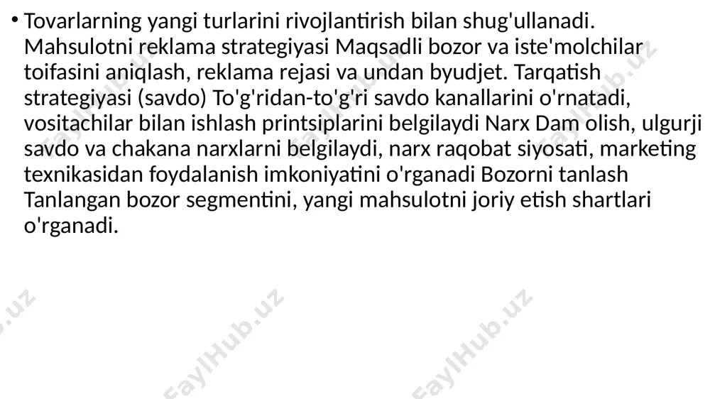 lish imkoniyati bo'lgan veb-sayt. va / yoki oflayn do'kon, yaxshisi shahar markazida: alohida xonada yoki savdo markazidagi nuqta. nima uchun? qanday muammo mahsulotni hal qiladi? har bir kategoriya uchun - itp, keyin reklama nishonni mag'lub qiladi. onam uchun: "ikkinchi o'yinchi - 50% chegirma bilan" taklif qiling. " tejash, ayniqsa bolalar ikki yoki undan ko'p bo'lgan bo'lsa, juda muhimdir. bolani kamdan-kam hollarda ko'radigan ajrashgan otasi uchun arzon rol o'ynaydi: o'yinchoq "ajoyib" bo'lishi kerak. yangi elementlarni targ'ib qilish, eng zamonaviy o'yinchoqlarga urg'u berish. ishchi buvisi xavfsiz, ekologik toza materiallardan qilingan yuqori sifatli o'yinchoqni sotib oladi. marketing rejalashtirish bosqichlari marketingni rejalashtirish biznesning narxini belgilaydi va rivojlanish yo'llarini belgilaydi. sahna harakat qilmoq misol: o'yinchoq do'koni i. savdo chegarasi quyidagicha belgilanadi: geografik, demograf. xaridorning daromadlariga alohida e'tibor bering. geografiya hisob-kitob bilan cheklangan. agar shahar markazidagi yoki savdo markazida do'kon yuqori o'tkazuvchan bo'lsa. demografika: shahardagi ayollar va erkaklar sonini, ikki va undan ortiq bolali ayollar sonini, …