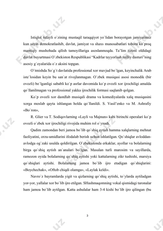 qotgan bo’lsa, tartibga keltiradi, kamol topmaganlarni kamolotga yetkazadi va muvozanatda bo’lganlarning muvozanatini saqlaydi. bu fan tanning sog’ligi uchun ham foydalidir.» musiqa inson ruhi va aqliy rivojiga bebaho ta’sir o’tkazadi. ch.darvin umrining oxirlarida quvvai xofizasi (xotirasi) va fikrlash qobiliyatining pasayishidan shikoyat qilib yozadi: «agar menga ikkinchi bor dunyoga kelish nasib bo’lganda edi, endigi hayotimda loaqal haftada bir marta bo’lsa ham, bir necha she’r o’qishni o’zimga qoida qilib olardim.» shu bois o’quvchilarda inson ma’naviy madaniyatining tarkibiy qismi bo’lgan musiqa madaniyatini tarbiyalash musiqa tarbiyasining bosh maqsadi bo’lib turadi. aqliy va jismoniy rivojlanishning garmonik qo’shilishiga ahloqiy soflik, san’atga va hayotga estetik munosabat - shaxsning to`laqonli kamolga yetishida muhim shartlardir. bu olijanob maqsadga erishishda to’g’ri yo’lga qo’yilgan bolalar musiqa tarbiyasi katta ahamiyatga egadir. kurs ishining maqsadi. o’zbekistonning madaniyati va milliy san’atini o’rganish, tahlil qilish, va uning rivojlanish jarayonlarini yoritish. bu mavzu orqali o’zbek xor san’ati tarixi, uning unikal jihatlarini ko’rsatish va milliy-madaniy taraqqiyotini ta’kidlash maqsadini …