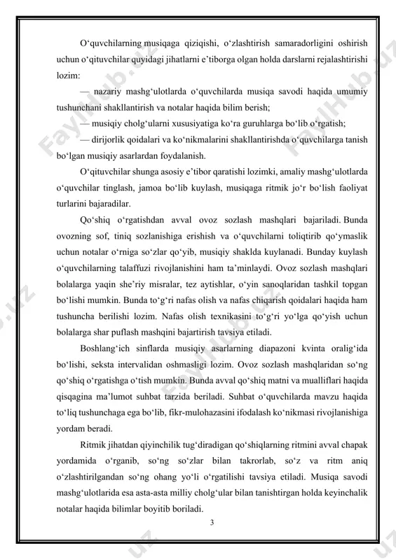ni ifodalash ko‘nikmasi rivojlanishiga yordam beradi. ritmik jihatdan qiyinchilik tug‘diradigan qo‘shiqlarning ritmini avval chapak yordamida o‘rganib, so‘ng so‘zlar bilan takrorlab, so‘z va ritm aniq o‘zlashtirilgandan so‘ng ohang yo‘li o‘rgatilishi tavsiya etiladi. musiqa savodi mashg‘ulotlarida esa asta-asta milliy cholg‘ular bilan tanishtirgan holda keyinchalik notalar haqida bilimlar boyitib boriladi. boshlang‘ich sinflarda bolaning tez toliqishini inobatga olgan holda amaliy mashg‘ulotlardan so‘ng musiqa tinglash, musiqa ijodkorligi hamda bolalarning musiqa asboblariga jo‘r bo‘lib kuylashi kabi faoliyat turlarini amalga oshirish mumkin. 4—6-sinflarda ham ovoz sozlash va qo‘shiq o‘rganish jarayonlari quyi sinflarniki kabi bo‘lib, ovoz diapazonini sekunda va tersiya intervaligacha ko‘tarish mumkin. bu yoshdagi o‘quvchilarning musiqiy tarbiyasida jamoa bo‘lib kuylash va tinglash bilan birga, musiqaga mos raqs elementlarini bajarish boladagi jismoniy sezgirlikni, musiqiy xarakterni to‘g‘ri anglash va unga munosabat bildirish ko‘nikmalarini rivojlantiradi. 7-sinf o‘quvchilarining musiqiy va estetik didi bir muncha shakllangan bo‘ladi. shuning uchun bu yoshdagi o‘quvchilarga zamonaviy musiqa va jahon musiqa madaniyatining ko‘zga ko‘ringan sozanda va …