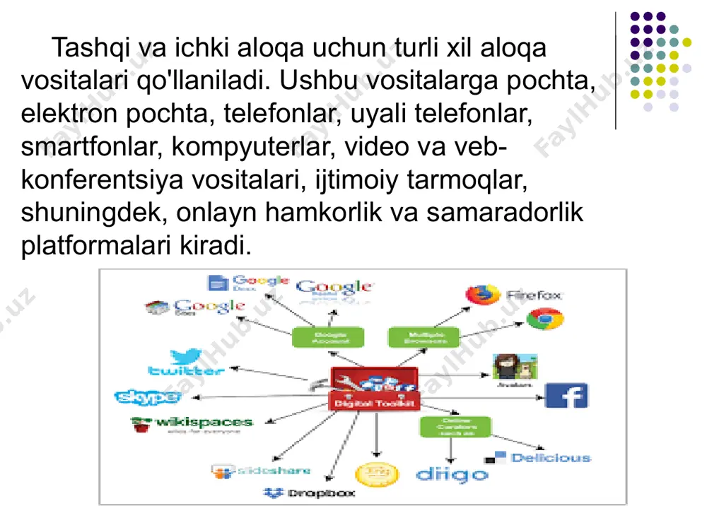 a ega bo'lsa-da, ishtirokchilar tomonidan ushbu vositalardan foydalanish foizi past. tahlil natijasiga ko'ra, veb-sayt foydalanuvchilari 23%, ijtimoiy tarmoqlar va televidenie/radio foydalanuvchilari esa mos ravishda 8% va 2%. ахборот бу тақдим этиш шаклидан қатъи назар ҳар қандай маълумотлар (хабарлар)дир. туристик тизимнинг у ёки бу бошқарув босқичида амал қилиши учун зарур ҳисобланган барча ахборотлар мажмуаси туризмнинг маълумотлар ахборот базасини шакллантиради. туризмнинг ахборот таъминоти – бу туризмнинг маълумотлар ахборот базаси ва уларни қайта ишлаш учун мўлжалланган ихтисослаштирилган ахборот технологияларининг жами мажмуи бўлиб, улар туризмни бошқариш жараёнининг турли босқичларида туристик тизимнинг самарали амал қилишини таъминлайди. turizmda axborot texnologiyalari turlari va ularning mohiyati ахборот технологиялари бу ахборотни излаш, йиғиш, сақлаш, қайта ишлаш, тақдим қилиш, тарқатиш услублари ва жараёнлари, шунингдек, бу жараёнлар ва услубларни турли ахборот тизимларида амалга ошириш усулларини ташкил қилади. ахборот технологияларининг ривожланиш босқичлари: 1. 19 асрнинг иккинчи ярмигача – ахборотни йиғиш ва қайта ишлашнинг қўл меҳнатига асосланган технологияси 2. 19 асрнинг охиридан 20 …